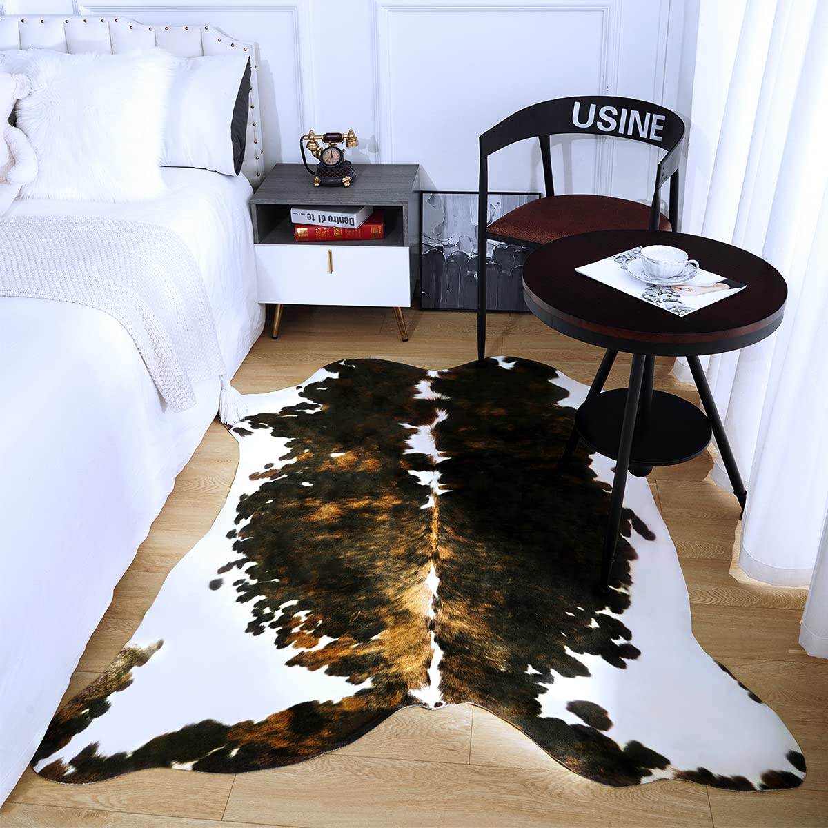 Amearea Faux Cow Hide Rug 5.2x4.6 Feet, Premium Western Home Decor Cow Print Rugs for Living Room, Faux Leather Animal Cowhide Carpet for Bedroom, Dining Traditional Cow Print Stuff Carpets, Brown