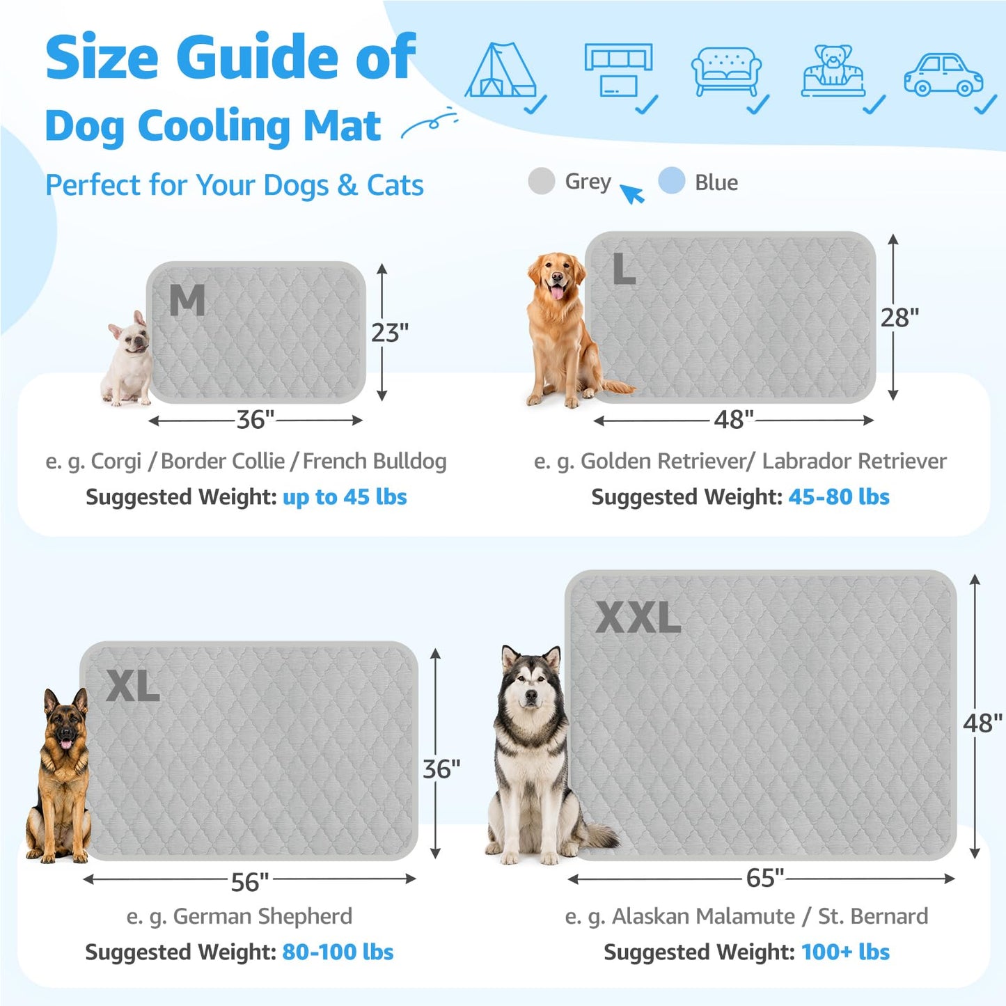 LOOBANI Dog Cooling Mat for Large Dogs 48"x28"- Cooling Pad for Dog, Cool Blanket for Dogs Machine Washable, Pet Cool Mat for Indoor, Outdoor, Couches, Crates, Car Seats for Trips (Grey, 48"x28")