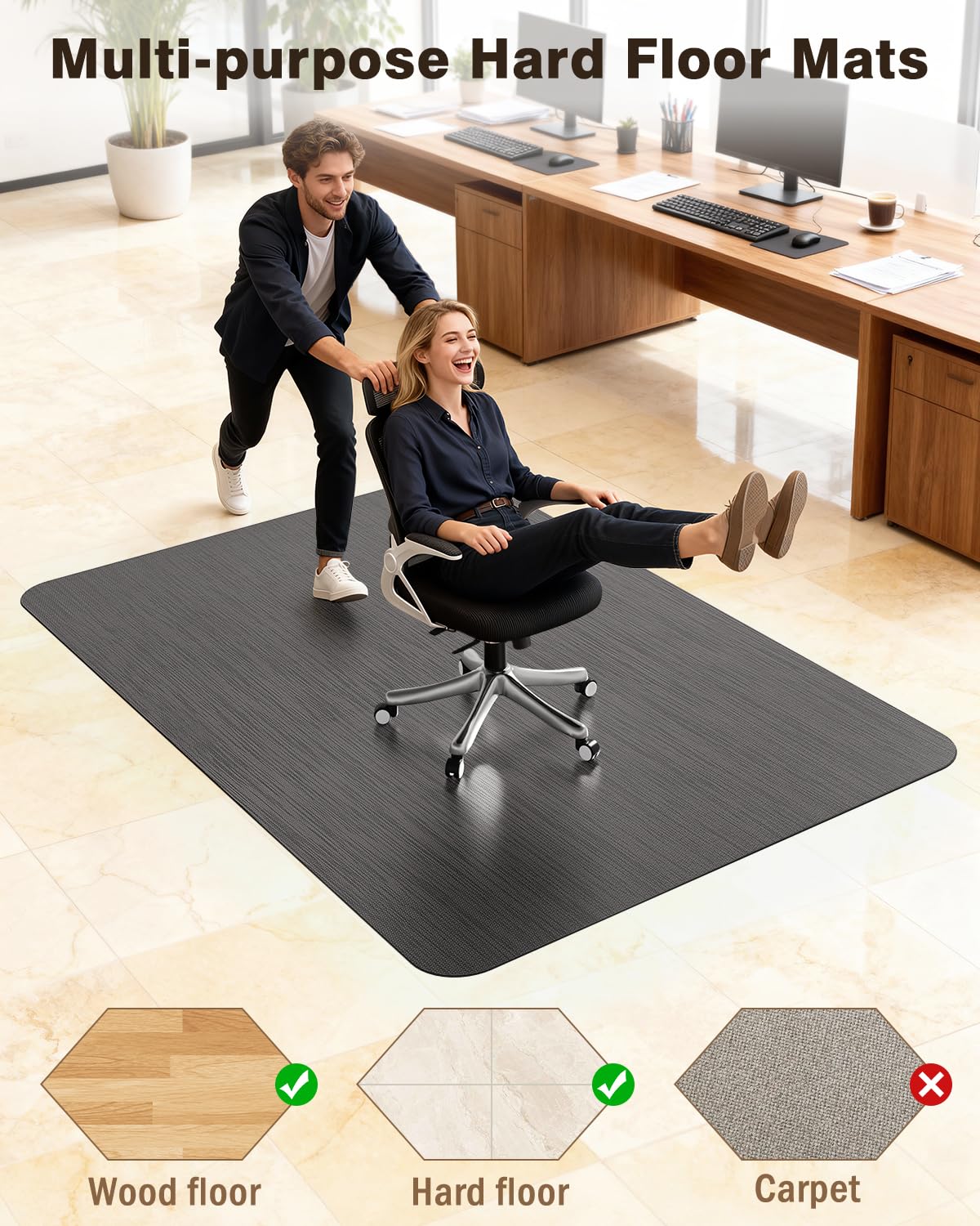 Blvornl Ultra Large Office Chair Mat for Hardwood Floor, Rolling Chair Mat for Hard Wood, Large Anti-Slip Hard Floor Protector, Heavy Duty Computer Desk Rug for Office and Home 47.2"*60" Black