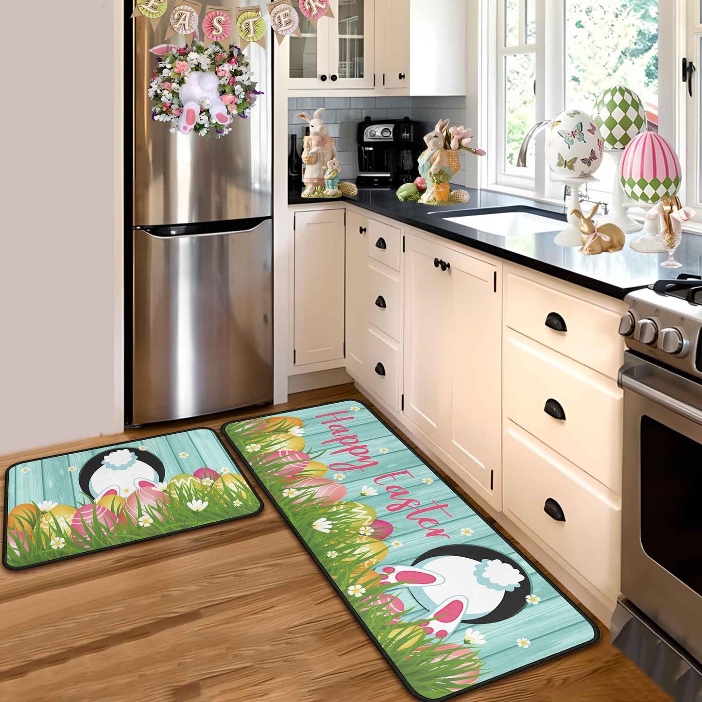 Putware Easter Kitchen Rugs and Mats Set of 2, Easter Decorations for Home Non Slip Backing Happy Easter Kitchen Rug Seasonal Low-Profile Kitchen Floor Mat Easter Decor 17"X47"+17"X30"