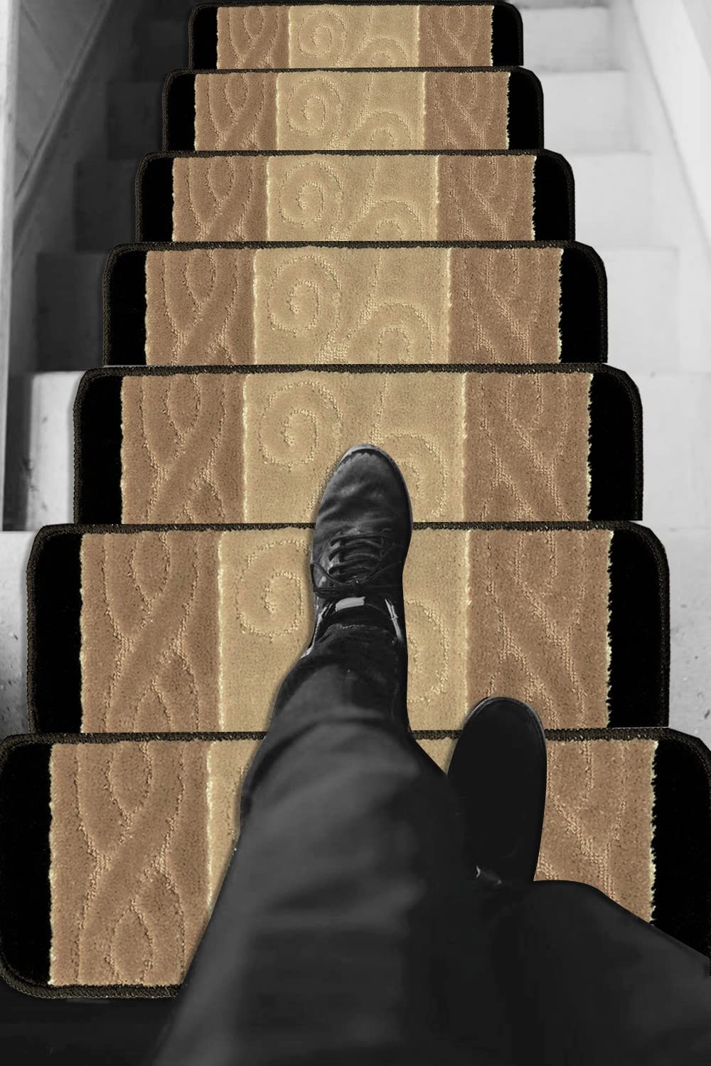 Gloria Rug High Pile Skid-Resistant Rubber Backing Gripper Carpet Stair Treads - Washable Stair Mat (Set of 7), 8.5" x 26" (2203 BGE)…