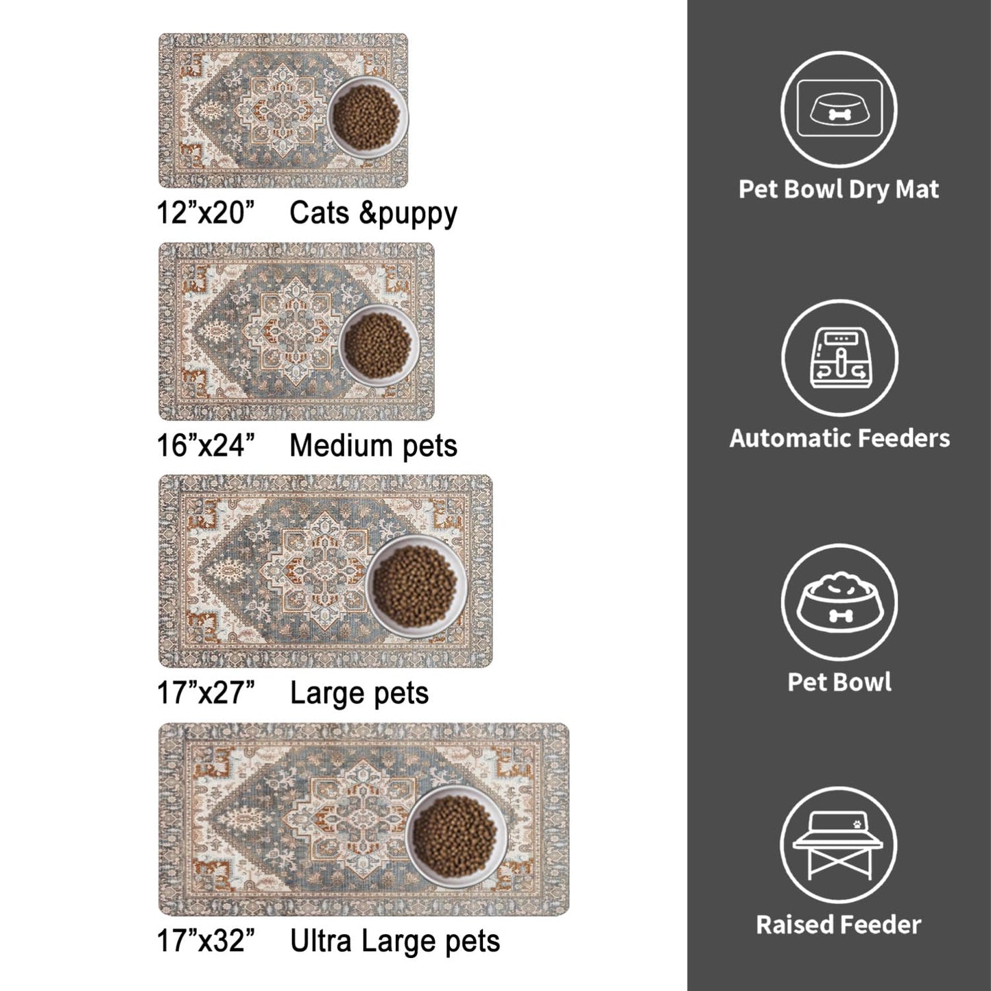 Dog Food Mats for Floors, Absorbent and Quick-Drying Pet Cat Food Mat,Anti-Fouling and Easy-to-Clean Pet Feeding Mat,Dog Bowl Mat for Messy Drinking Water Bowls.12 x20, Bohemia Style