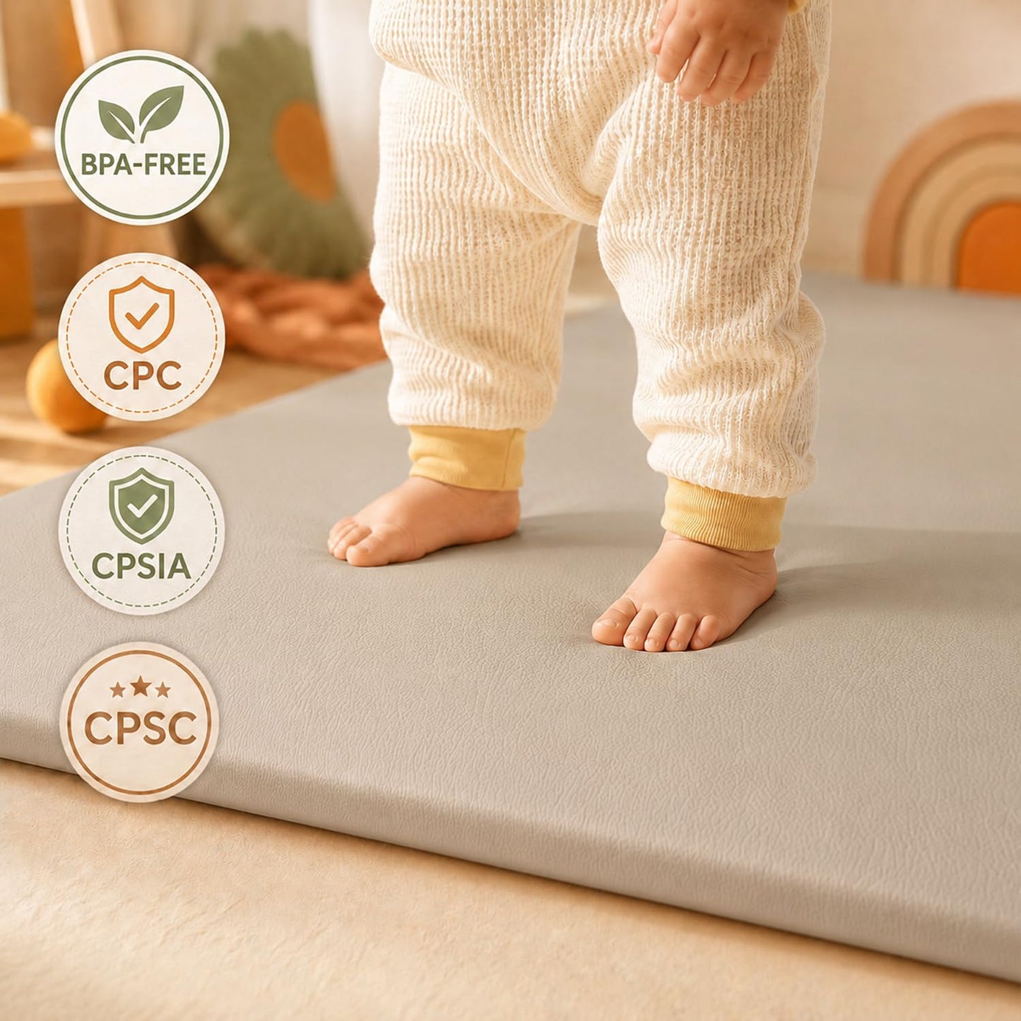 Funyoo Vegan Leather Baby Play Mat, 79x71 Thick Cushioned Waterproof Playpen Mat, Stylish Removable Cover Floor Mat for Babies & Toddlers, Non-Slip Bottom for Safe Crawling, 1.3" Thick, Grey