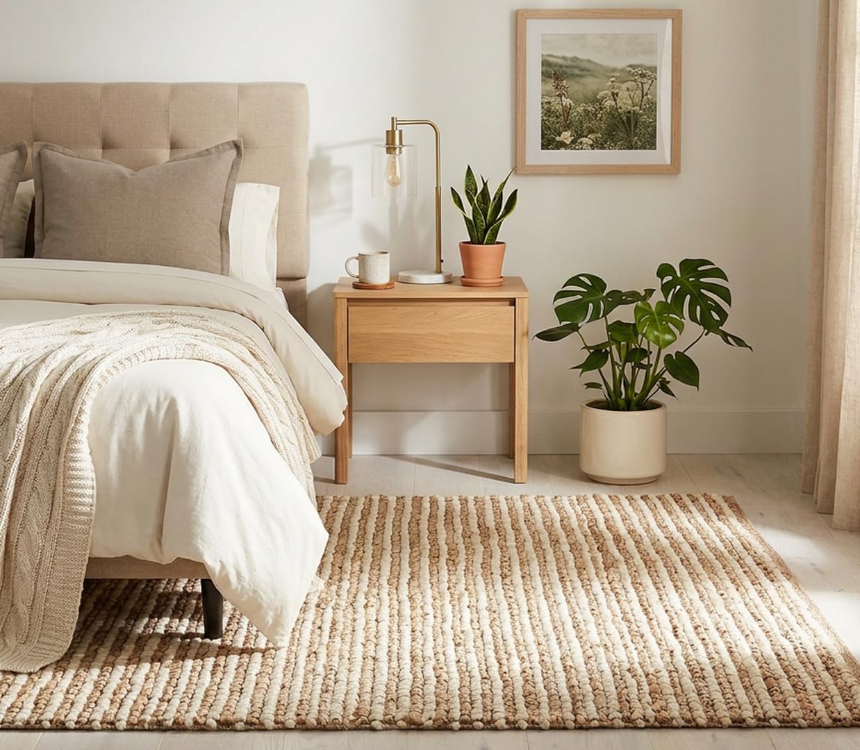 FRELISH DECOR Area Rug 4x6 feet - Premium Wool and Jute Blend Handwoven Rugs - Natural Fiber Chunky Stripe Rugs for Living Room, Bedroom, Hallways, Dining Area: Natural Ivory