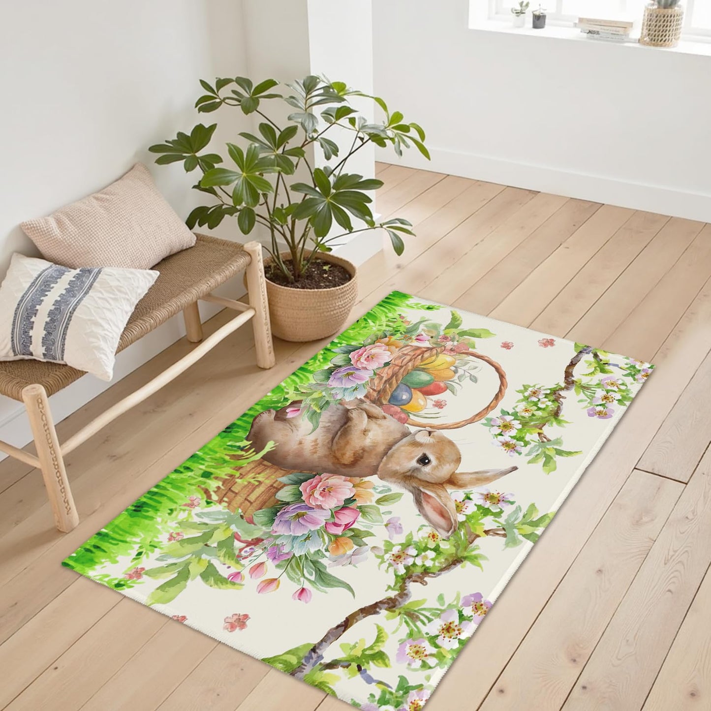 Wnoesat Easter Decorative Area Rug 2x3 Spring Easter Egg Bunny Floral Front Door Mat Rabbit Flowers Indoor Outdoor Non-Slip Small Entryway Throw Rugs for Kitchen Bathroom Living Room Bedroom