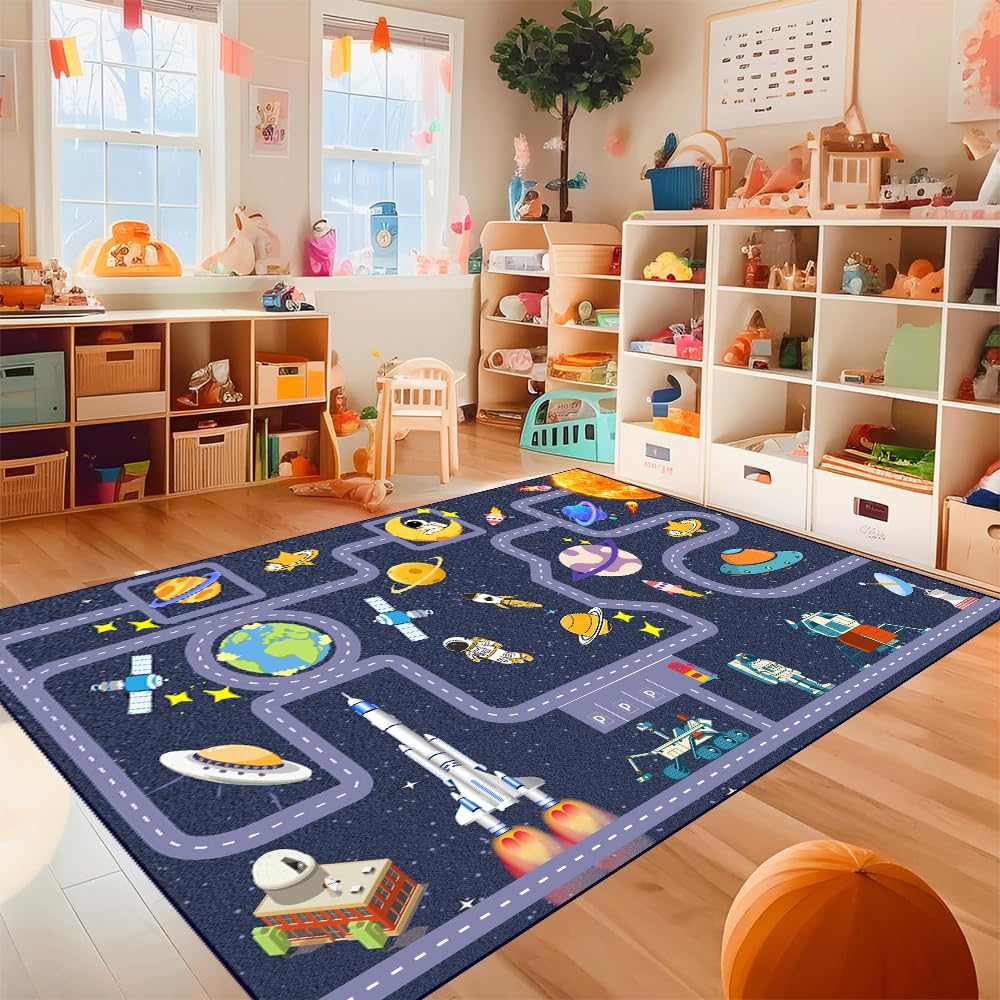 Pyrrhite Outer Space Kid Rug，Boys Car Rug for Kids Toy Cars Have Fun Safely, Non-Slip Educational City Road Rugs Carpets for Kid Room Bedroom（47×31 in