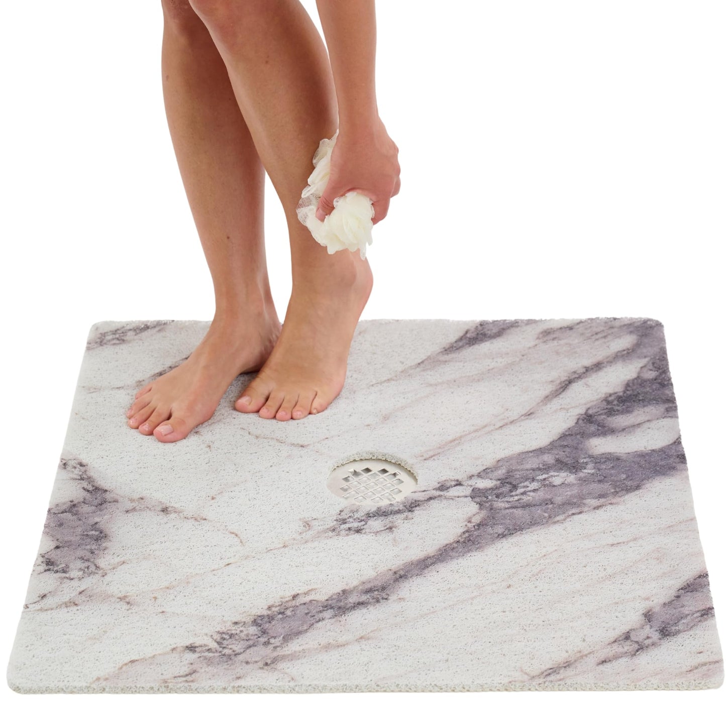 Enkosi Loofah Shower Mat with Drain Hole – Cushioned Anti-Slip Square Bath Mat for Showers, Wet Bathroom Floors – Textured PVC, Secure Non Slip Safety Pad for Walk-in Stalls (27x27 Marble Grey)
