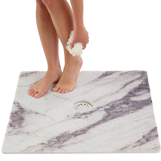 Enkosi Loofah Shower Mat with Drain Hole – Cushioned Anti-Slip Square Bath Mat for Showers, Wet Bathroom Floors – Textured PVC, Secure Non Slip Safety Pad for Walk-in Stalls (27x27 Marble Grey)
