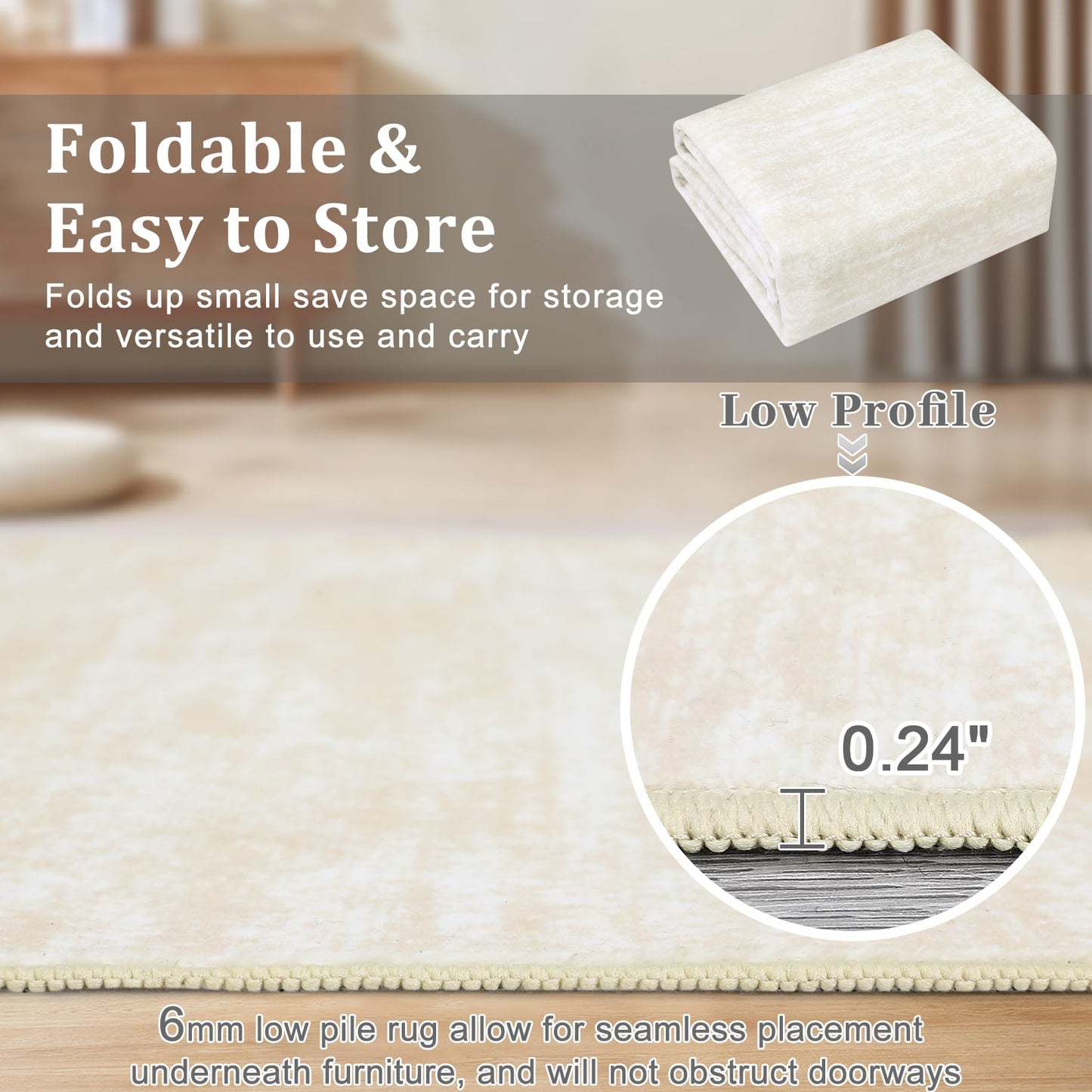 Garvee Modern Solid Rugs for Living Room 8x10 Washable Rug Large Non Slip Low Pile Foldable Carpet Ultra Soft Non-Shedding Stain-Resistant Floor Mat for Bedroom Playroom Nursery Office Dorm Cream