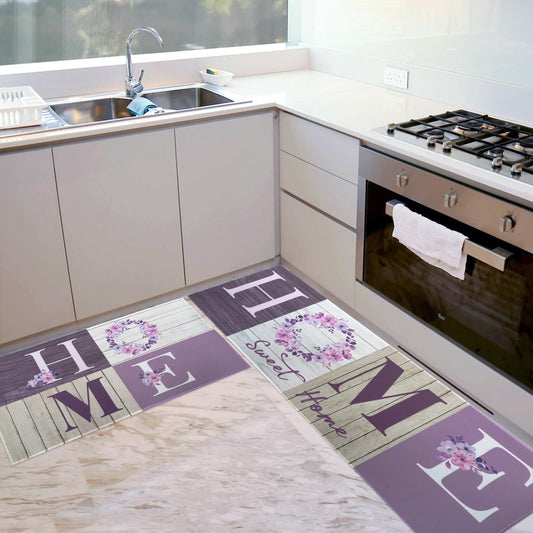 Floral Kitchen Mats Set of 2, Farmhouse Modern Woodgrain Kitchen Mats for Floor Area Runner Rugs Lavender Purple Kitchen Decor Accessories Stuff, 17x30 and 17x47 Inches, Purple Watercolor Flower