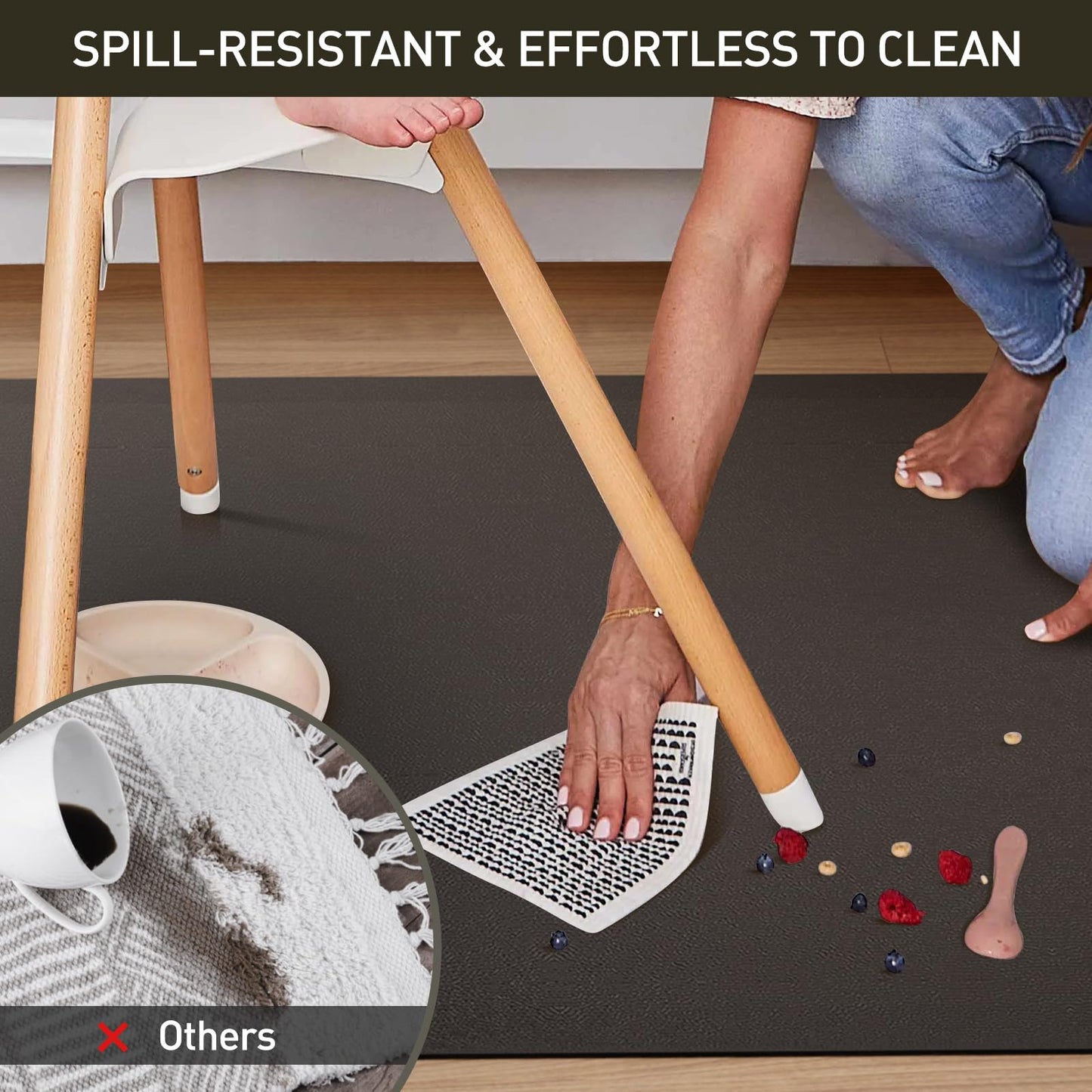 ZPAI Area Floor Mat for Home, 5'×7' Large Black No Slip Waterproof Vinyl Area Rug for Dining Room, Spill Resistant Hard Floor Protector Cover for Mud Room, Easy Clean Splat Mat for Under High Chair