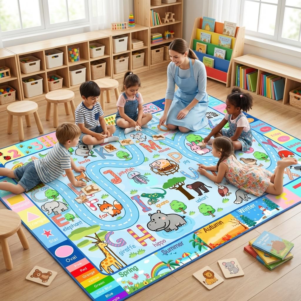 HBUFBUQ 4.5x6 Feet Kids Rugs for Playroom Bedroom, Educational ABC Alphabet Area Rug with Animals Numbers Seasons, Washable Play Mat for Classroom Nursery, Boys Girls Non Slip Learning Carpet