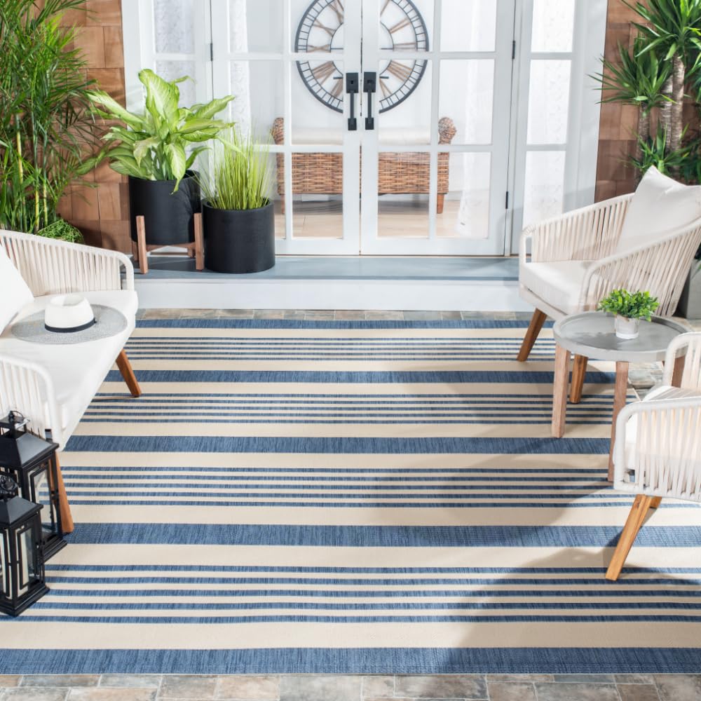 SAFAVIEH Washable Rug Outdoor Courtyard Collection - 9' x 12', Beige & Blue, Non-Shedding & Easy Cleaning, Ideal for Patio, Backyard, Mudroom (CY6062-233)