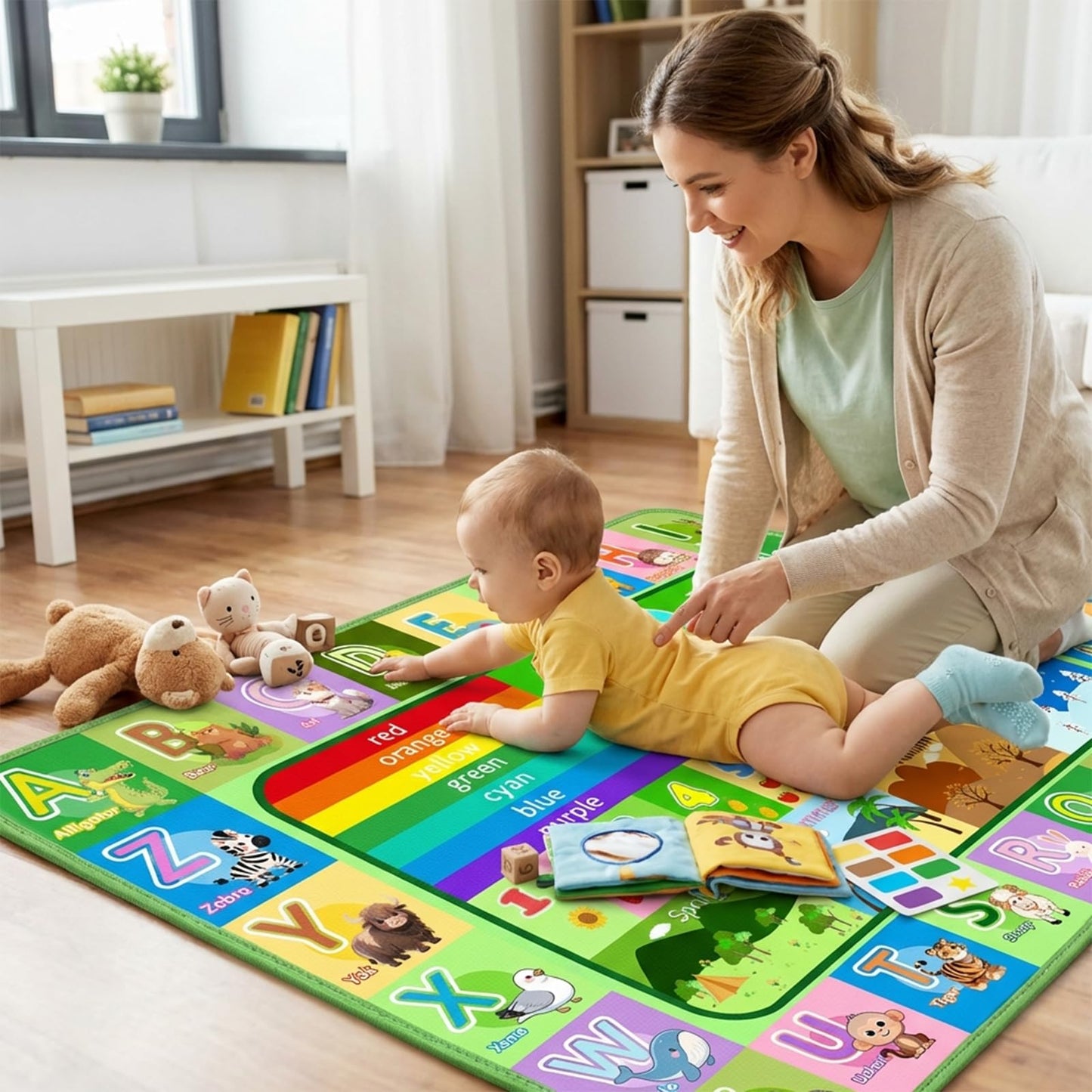 OGPJKEQR Kids Rug for Playroom Bedroom, 2.5x4 Feet Educational ABC Area Rug for Classroom Nursery, Non-Slip Alphabet Learning Carpet with Numbers Animals Seasons Fruits, Green Toddler Floor Mat