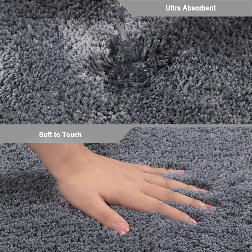 Seavish Luxury Grey Shag Curved Bath Rug, 18 x 30 inch Non Slip Microfiber Soft Absorbent Fanned Shower Mats Washable Bathroom Rug Corner Bath Tub Floor Carpet for Quadrant Shower Stall