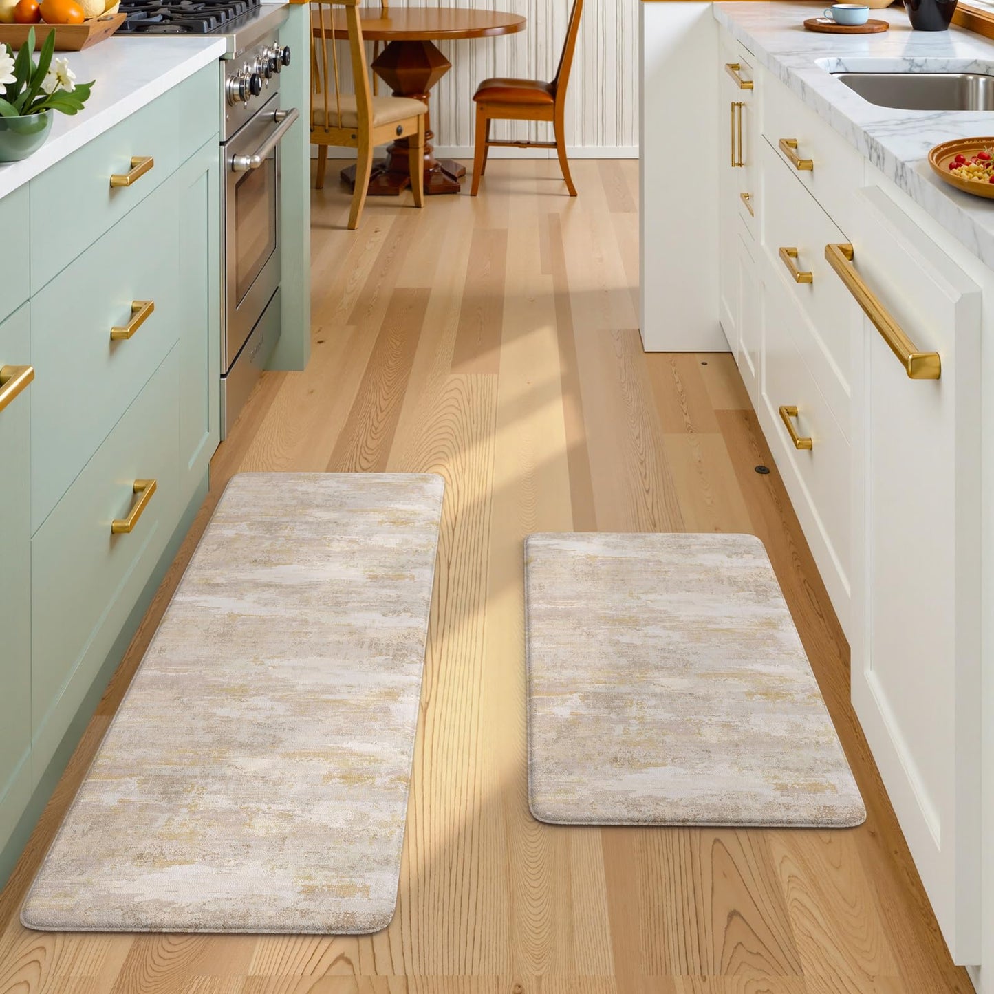 Collive Kitchen Mats Cushioned Anti Fatigue, Abstract Kitchens Floor Mat Non Slip Desk Rugs Waterproof, Beige Memory Foam Comfort Standing Rug for Sink, Home Decor, 17"x59"+17"x29"