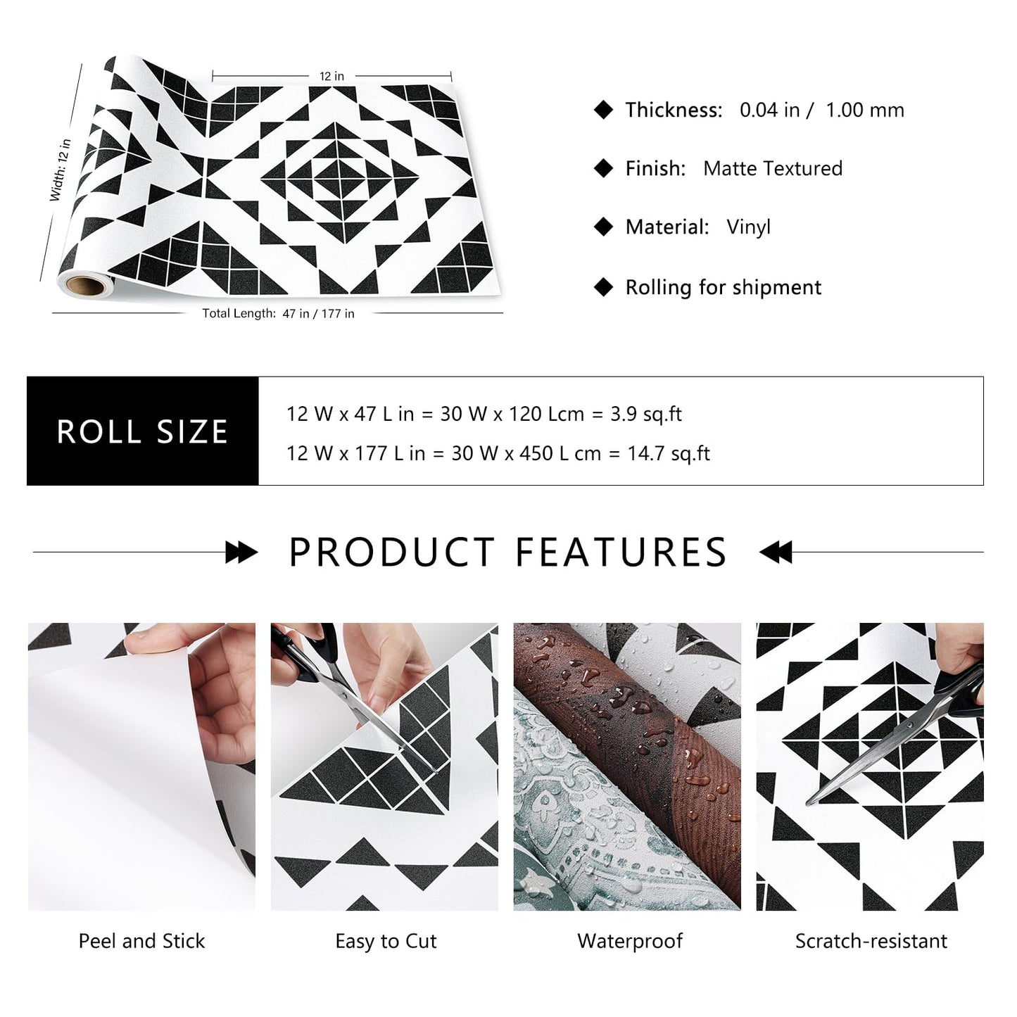 LaCheery Black and White Peel and Stick Floor Tile Bathroom Black and White Geometric Peel and Stick Floor Tiles Waterproof Laminate Linoleum Vinyl Sheet Flooring Roll for Kitchen Flooring PVC 12"x47"
