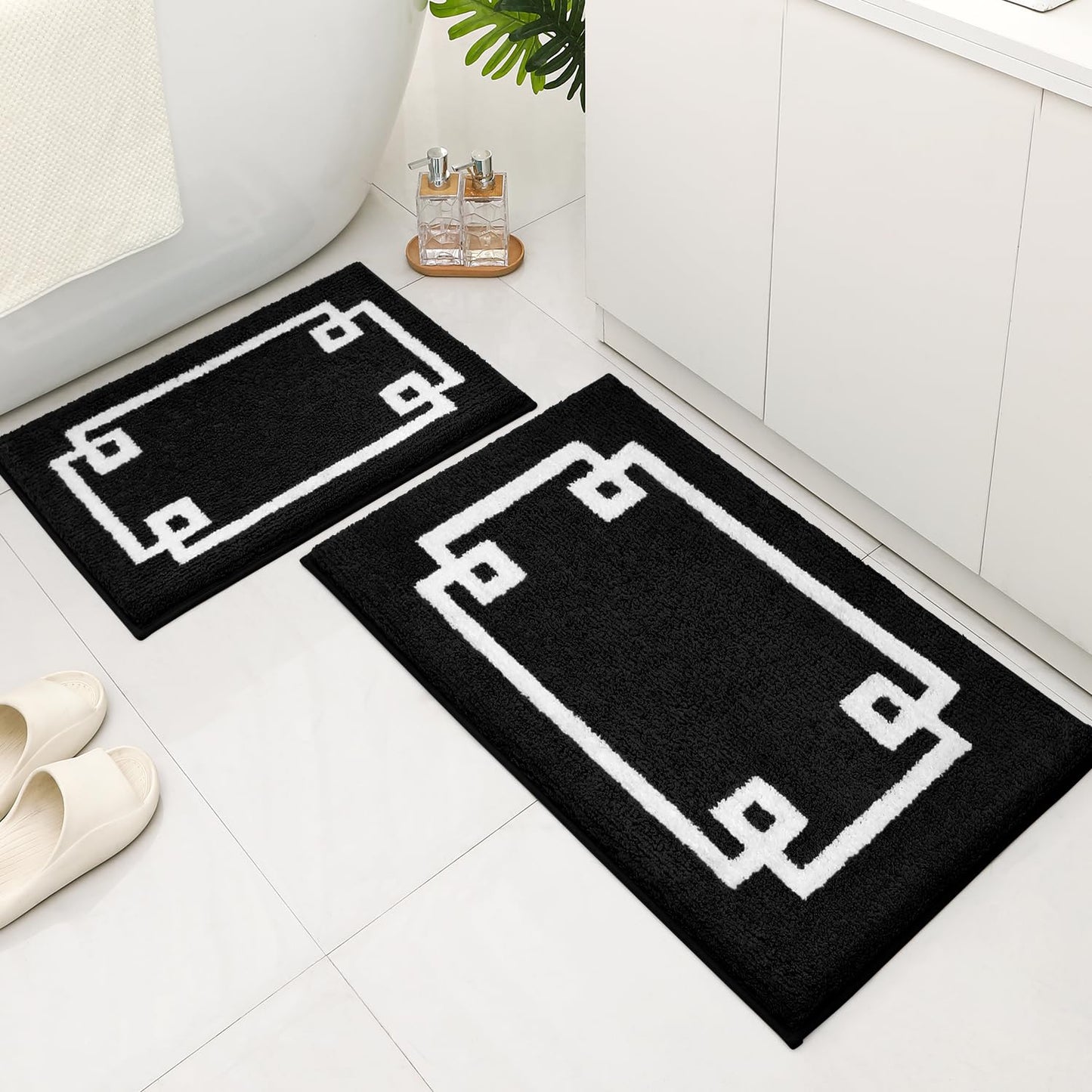 HOMEIDEAS 2 Piece Bathroom Rug Set, Ultra Soft Microfiber Bath Mats, Absorbent Non Slip Washable Rugs for Bathroom, Shower & Tub (Black, 16"x24"+20"x32")