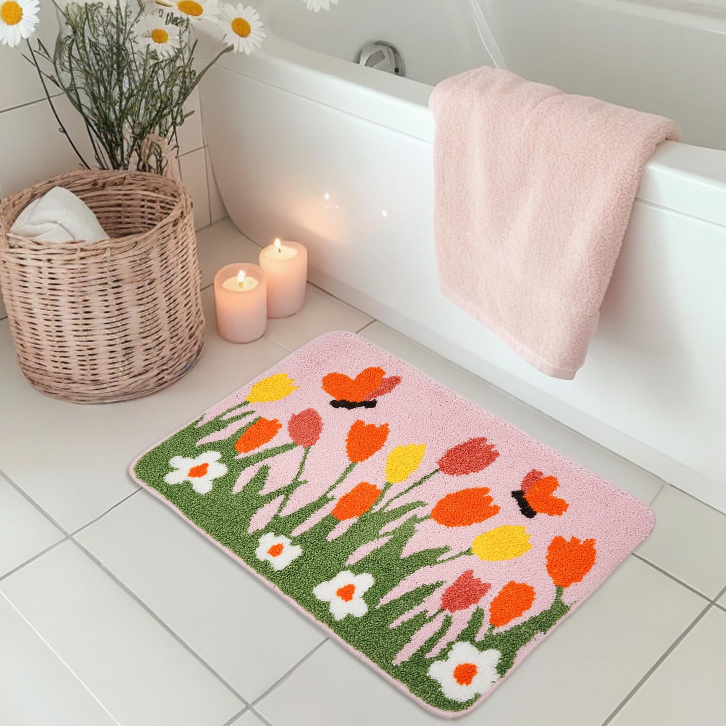QIONG MENG Spring Bath Mat Flower Bathroom Rug Tulips Home Decor Indoor Bathroom Mat Doormats 17 x 27 Inch for Tub Home Living Room