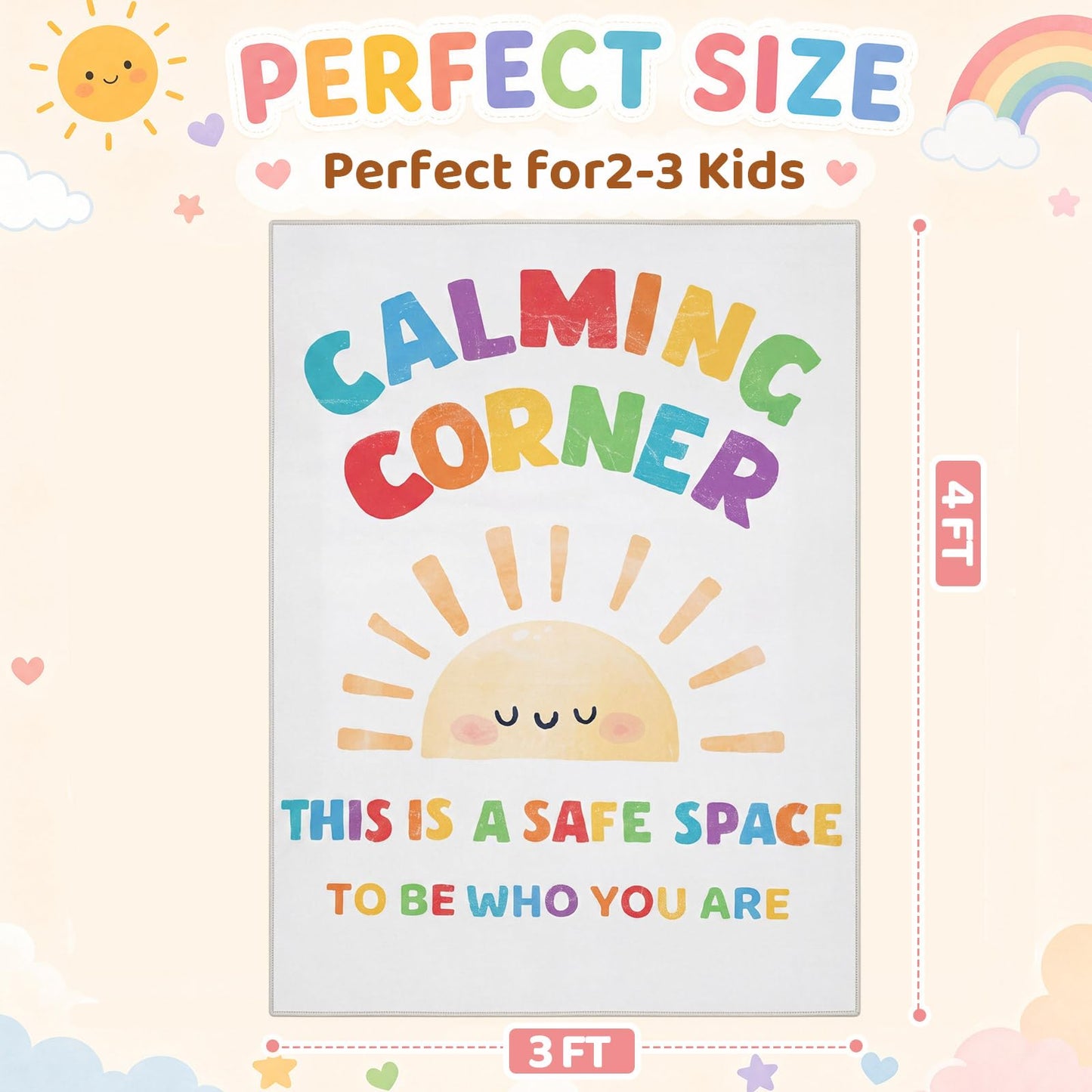 Maasechs 3 x 4 ft Calming Corner Classroom Rug, Sunshine Boho Area Carpet Corner Items Rug Educational Soft Floor Mat for Nursery Homeschool Playroom Elementary Back to School(Rainbow)