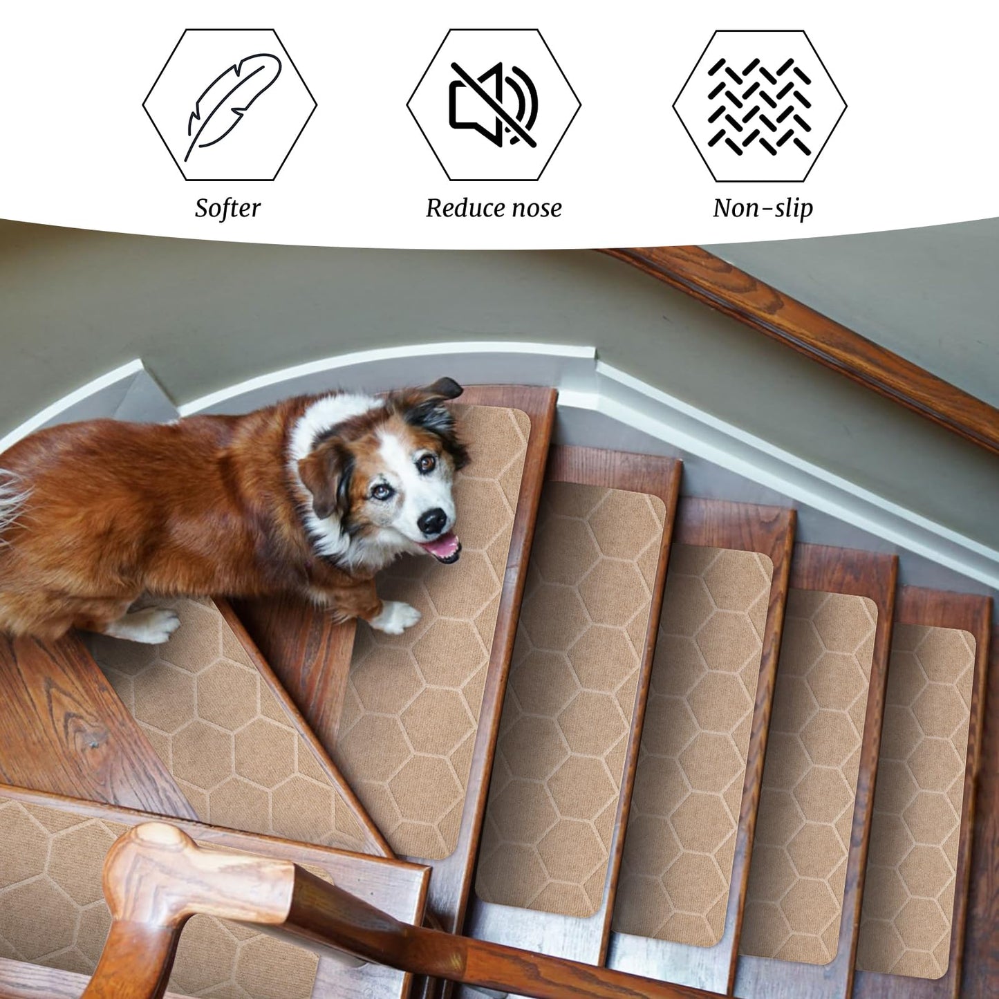 MATAHUM Stair Treads Non Slip, 15 Pack 8" * 30" Beige Stair Treads for Wooden Steps Indoor, Clipped and Assembled Stair Rugs for Kids Elders Dogs