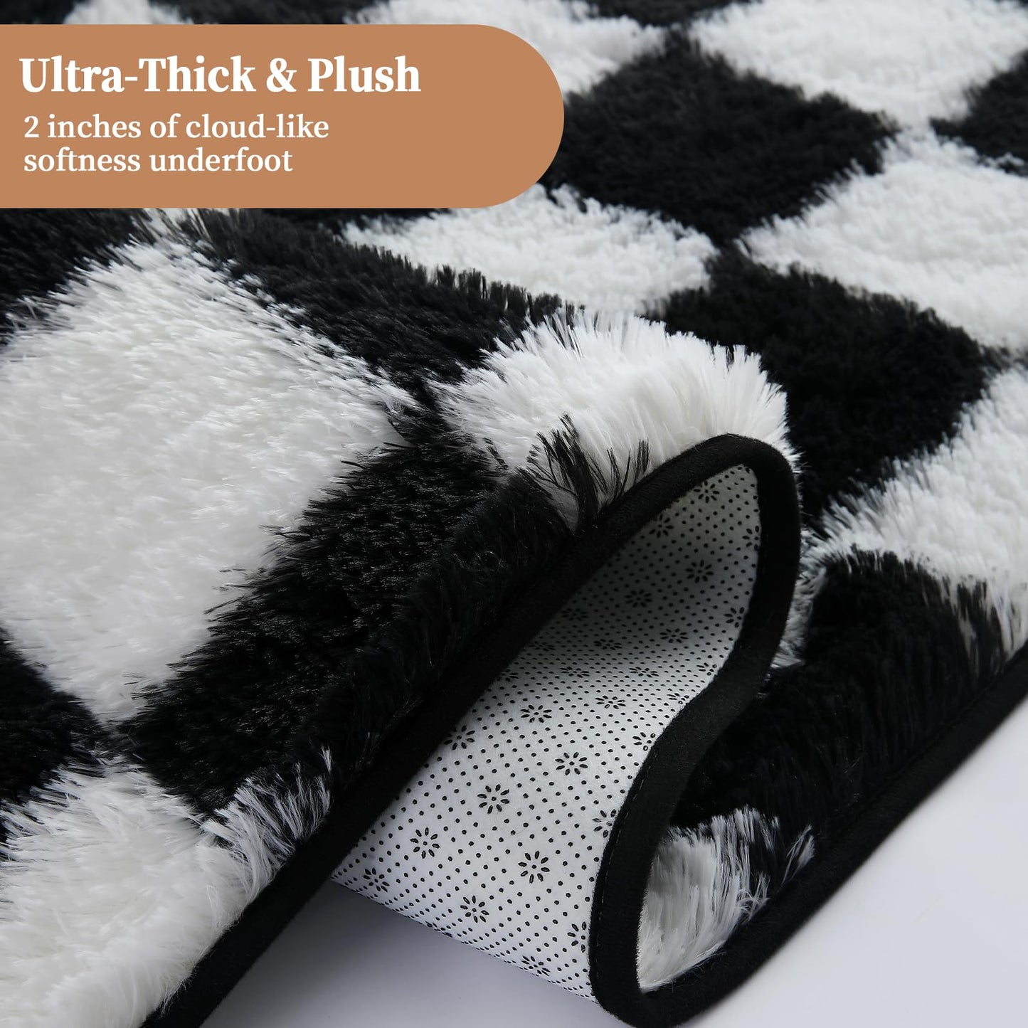 ThreadGlobe Checkered Shag Area Rug 4'x6', Black and White Plush Rug for Living Room, Non-Slip Soft Carpet for Bedroom Nursery, Modern Floor Decor with Grid Pattern, 4x6