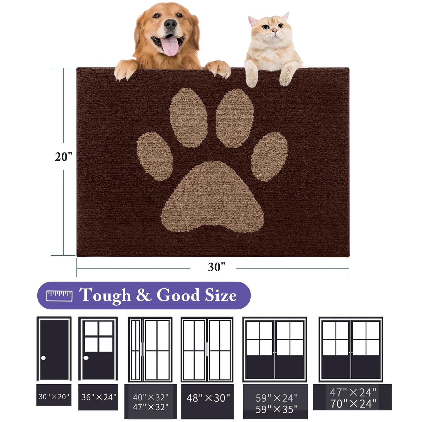 Buganda Dog Door Mat for Muddy Paws, Absorbent Dirt Trapper Non Slip Indoor Doormats, Washable Low-Profile Mat for Mud Dogs, Entryway Carpet for Inside Floor (30x20 Inches, Brown)