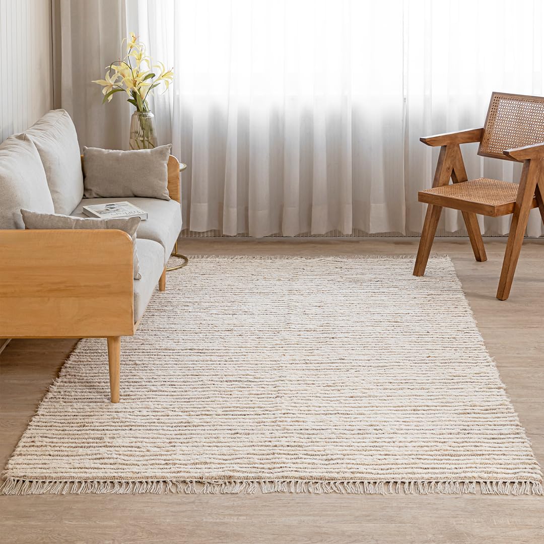 HOMEMONDE Jute Cotton Area Rug 8x10 ft Large Rectangle Hand Woven Natural Farmhouse Rugs for Living Room, Bedroom, Kitchen, High Traffic Area - Rustic Vintage Bohemian (Natural Offwhite)