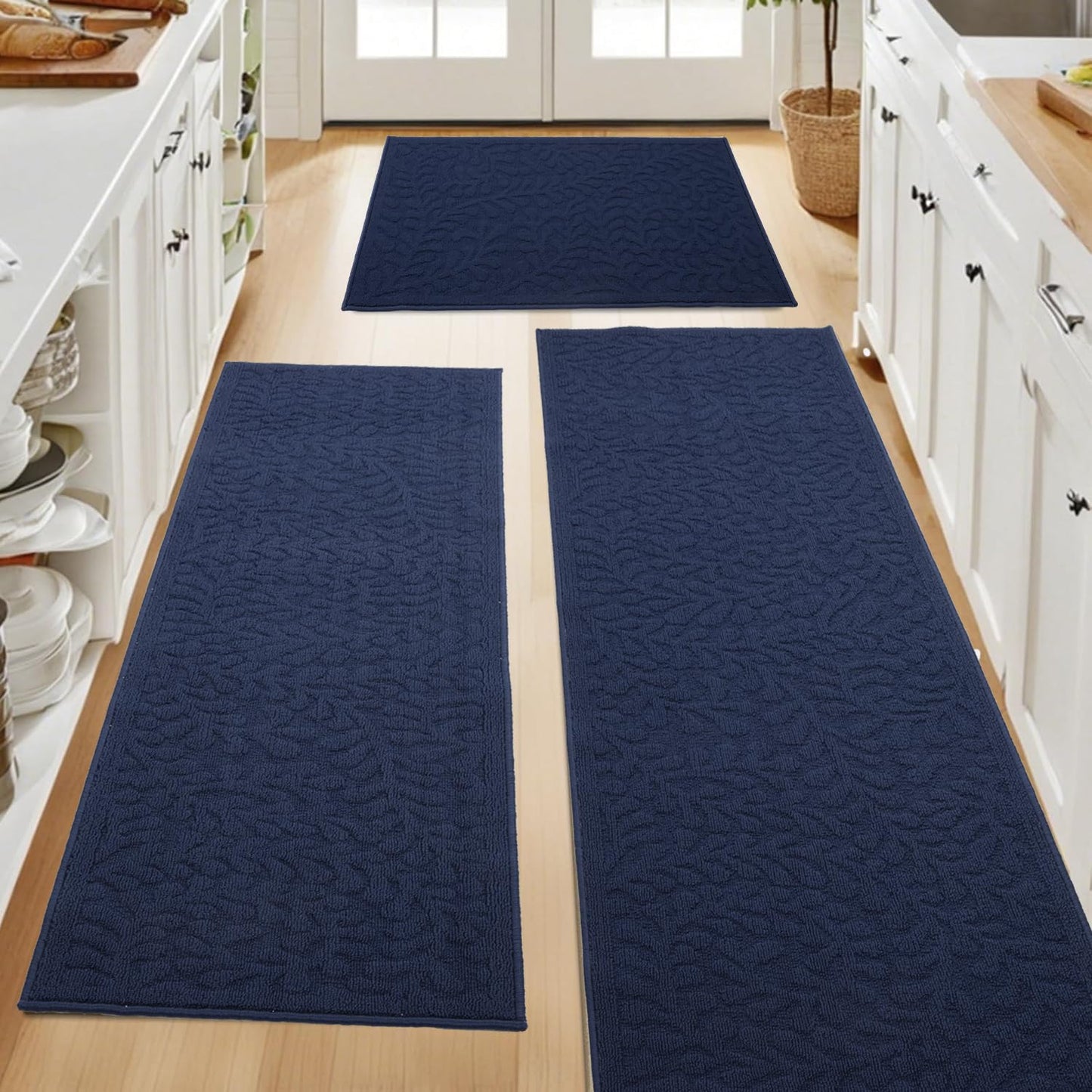 SHACOS Kitchen Rugs Sets of 3 Non Slip Polypropylene Low Pile Absorbent Resist Dirt Washable Kitchen Floor Mat 3 Piece for Entryway, Hallway, Front of Sink, Blue
