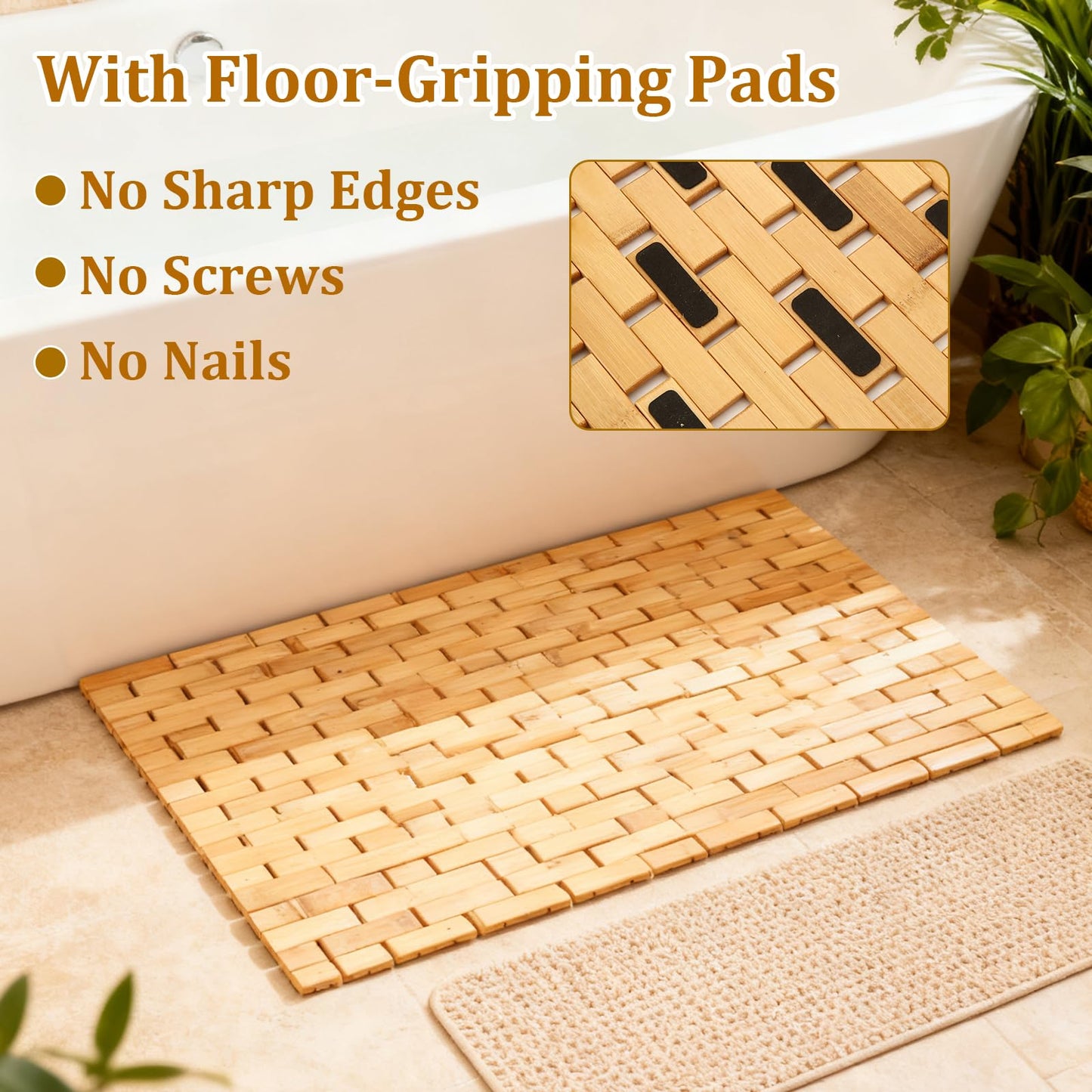 YAYODS 2 Pack Bamboo Bath Mat, 24.8x16.5 Inch Non Slip Waterproof Bamboo Shower Mat Wooden Bathroom Mat for Floor, Bathtub, Sauna Spa, Pool