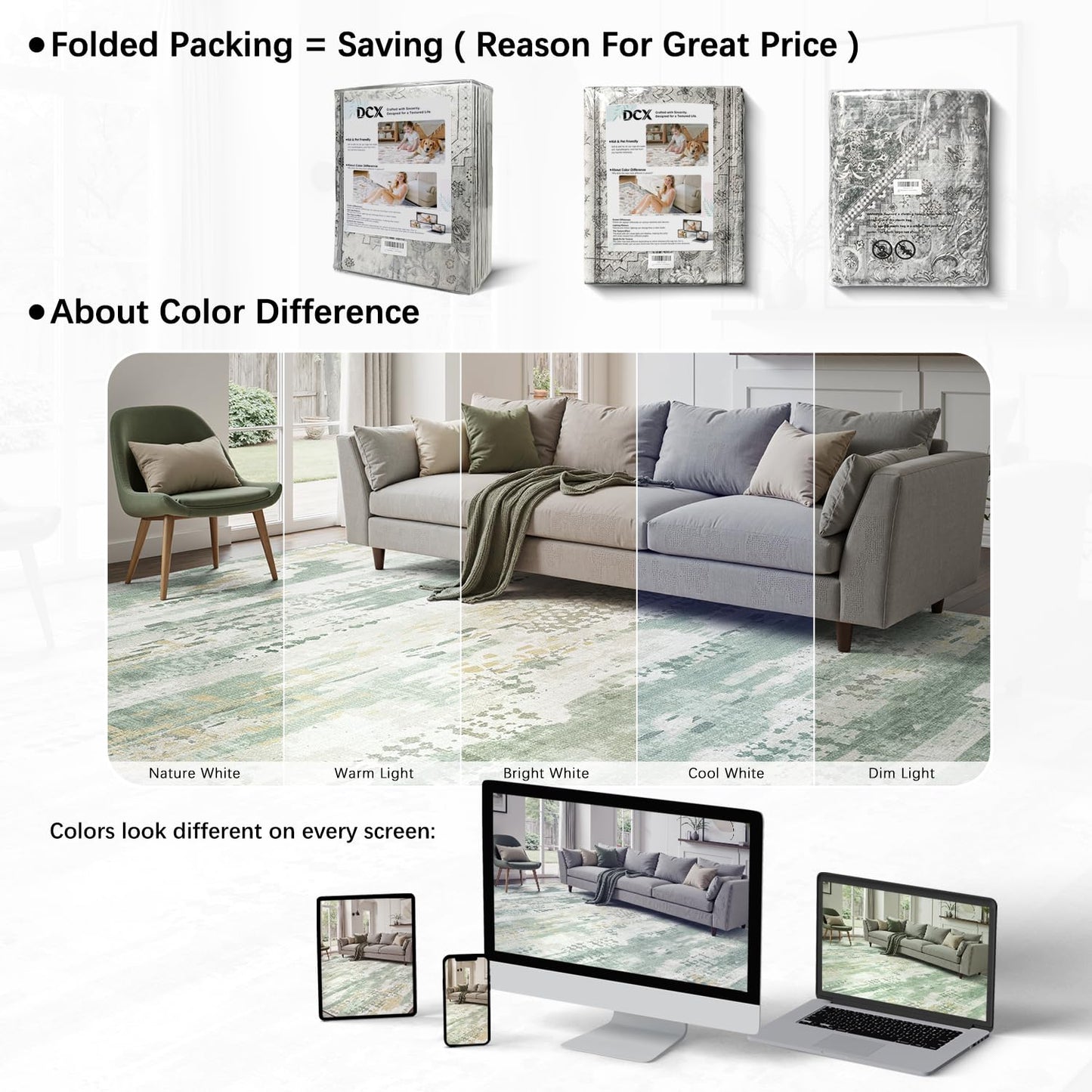 DCX Abstract Area Rug 5x7, Washable Sage Green Modern Rug for Living Room, Kid & Pet Friendly with Rubber Back Non Slip, Soft Low Pile Carpet, Stain Resistant Rug for Bedroom, Office, Dining Room