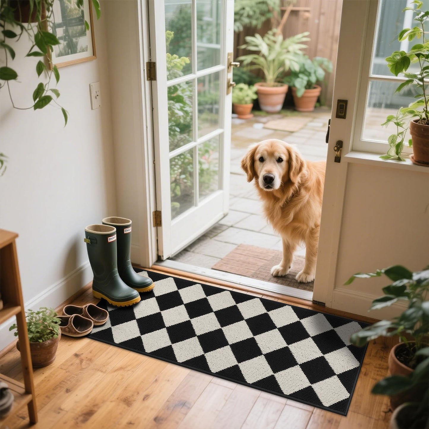 SHACOS 3Pcs Kitchen Rug, Checkered Kitchen Mat for Floor, Washable Non Slip Runner Rug for Hallway Entryway, Kitchen Runner Set for Kitchen, Front of Sink (17"x30"+17"x47"+17"x59", Black/White)