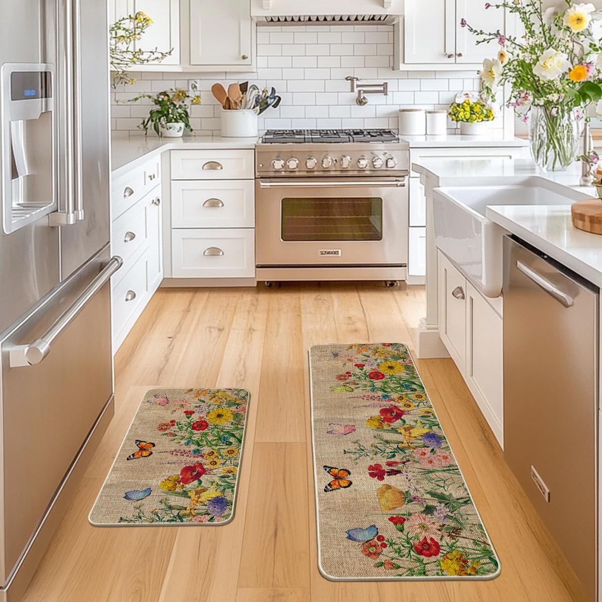 Artoid Mode Wood Flowers Butterfly Spring Kitchen Mats Set of 2, Seasonal Home Decor Leaves Low-Profile Kitchen Rugs for Floor - 17x29 and 17x47 Inch