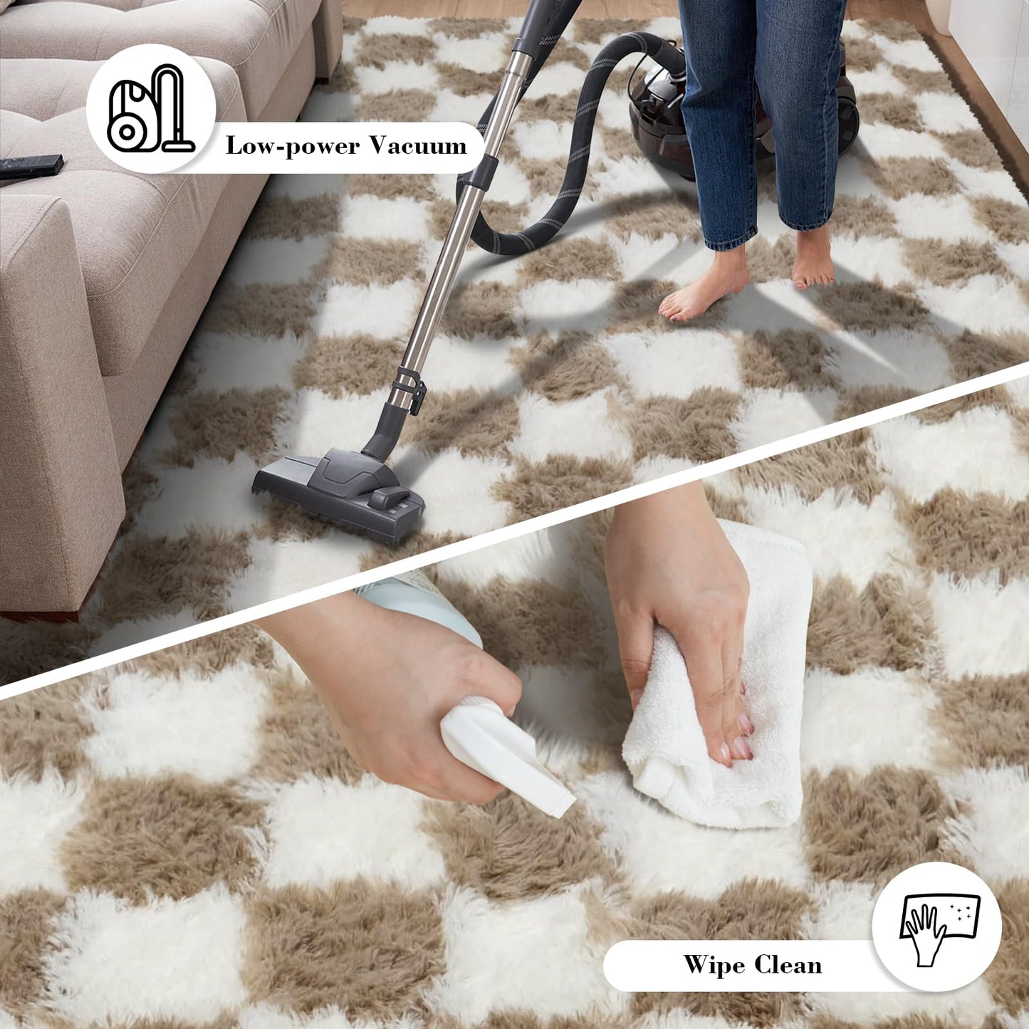 Checkered Rug for Bedroom, 2x4 Beige and White Area Rugs, Classic Checkered Carpets Shag Area Rug, Bedside Rugs for Living Room Bedroom Room Home Decor