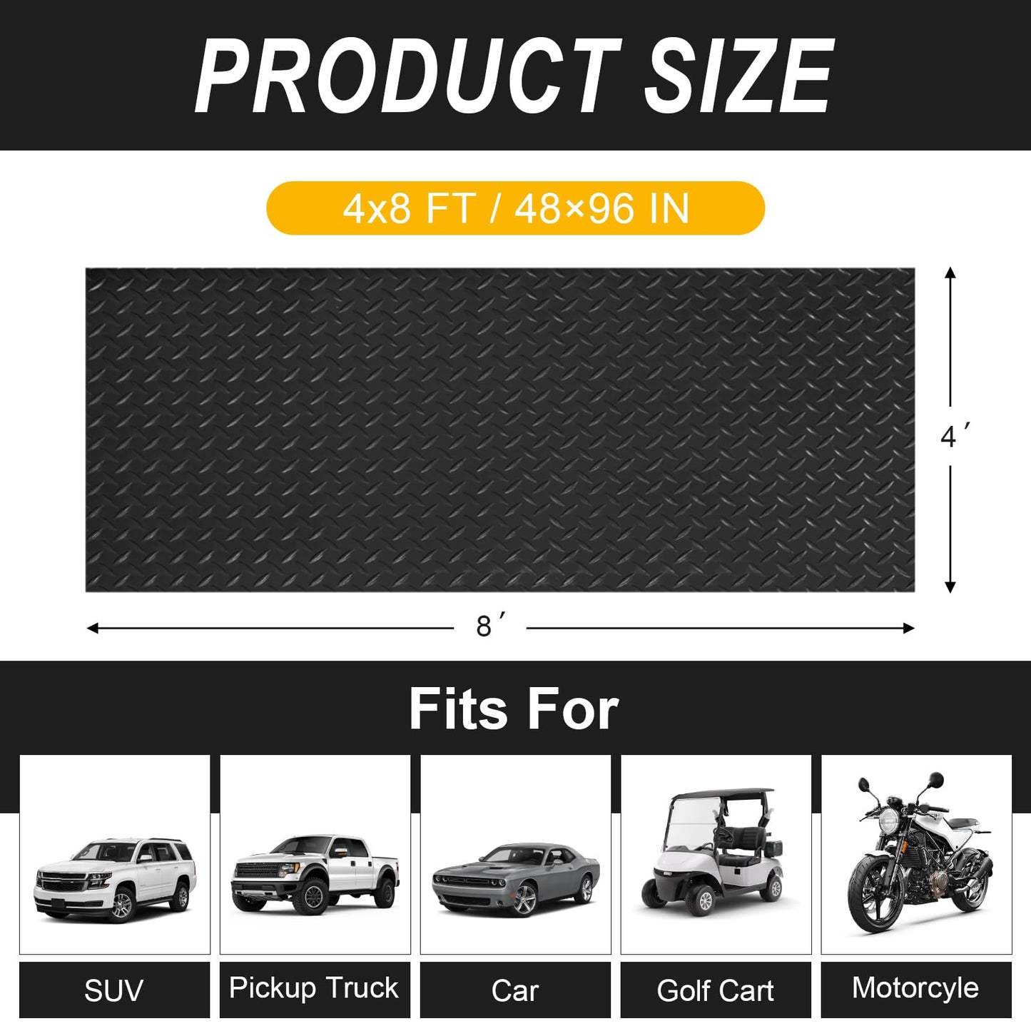 4x8FT Garage Floor Mat, 2.8mm Thickened Flooring Roll for Under Car, Golf Cart Parking Mat, Diamond Plate PVC Rubber Motorcycle Mat, Non-Slip Floor Protector for Garage Warehouse Trailer, Black