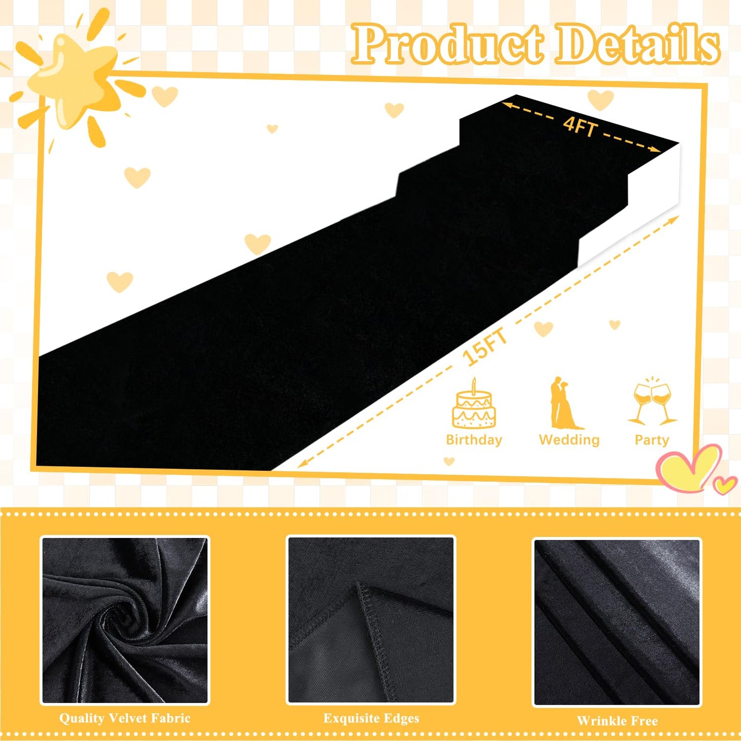 FOTSHARER Wedding Aisle Runner Black Carpet Aisle Runner 4FTx15FT Velvet Aisle Rug Runners with Carpet Tapes Bridal for Wedding Ceremony Graduation Church Prom Events