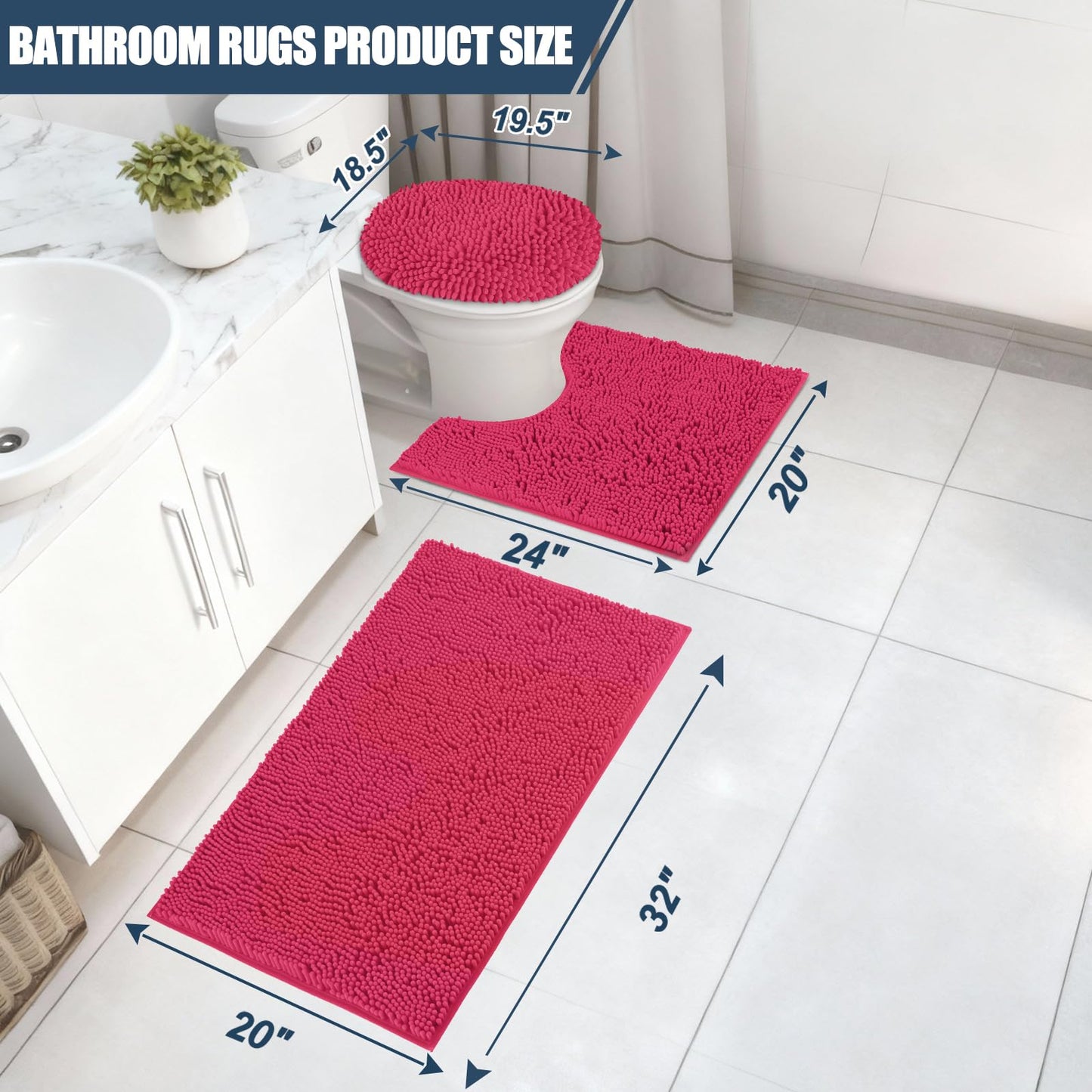 Baahrnom Bathroom Rugs Sets 3 Piece with Adjustable Toilet Seat Cover 19.5"x 18.5" Machine Washable Bath Rug Set with TPR Non Slip Rubber Backing Solid Bath Mat Set for Luxury Bathroom Decoration