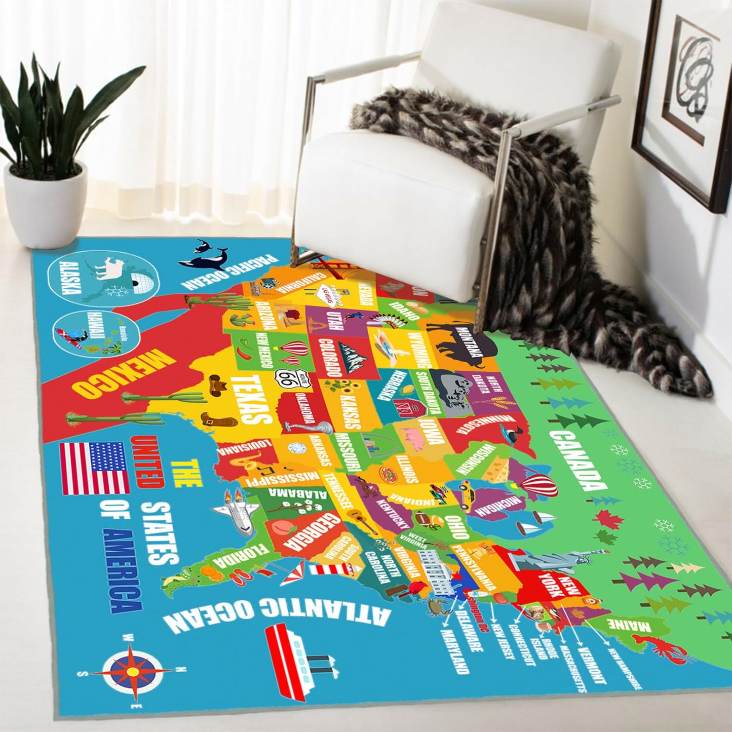 Kids Play Rug, USA United States Map Rugs Educational Play Mat Carpet Children Play Area Rug for Kids, Toddlers, Nursery, Classroom, Playroom, Baby Daycare