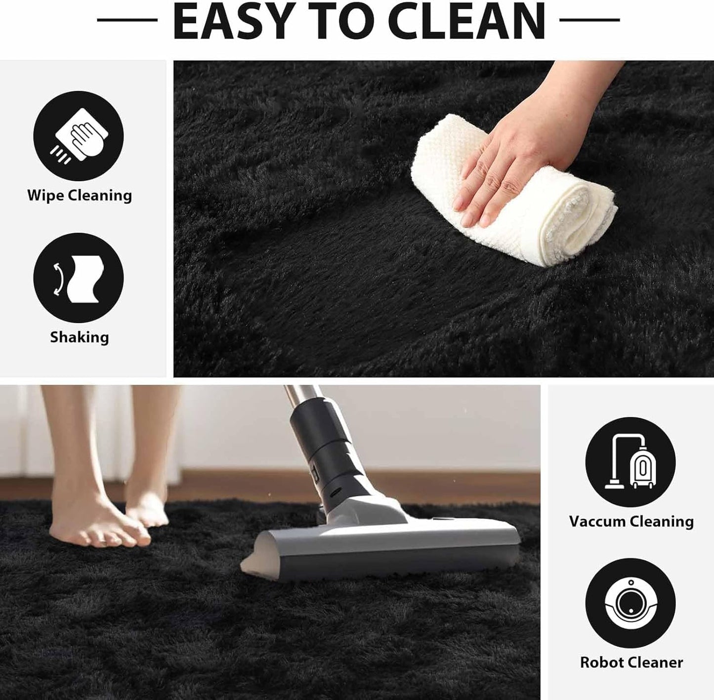 FinRèc Soft Black Area Rugs for Bedroom Living Room, 4x6 Feet Modern Indoor Fluffy Shaggy Rug, Non-Slip Fuzzy Furry Rug for Nursery Kids Room Dorm Room Home Decor, High Pile Plush Floor Carpet