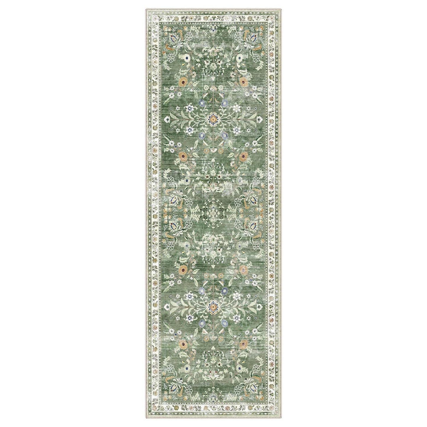 Yamaziot Washable Runner Rug 2x6 – Non Slip Boho Floral Hallway Runner Rug with Rubber Backing, Low Pile Faux Wool Distressed Carpet for Kitchen, Laundry, Bedroom, Entrance, Mottled Green