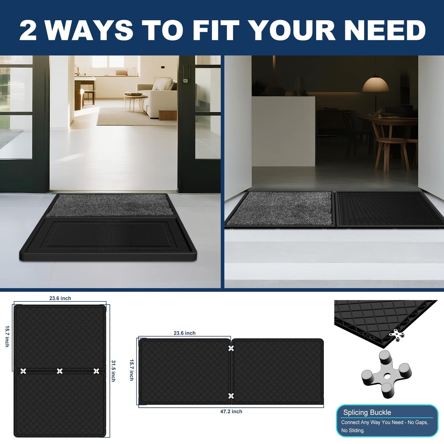 BEHERO Front Door Mat Outside Entrance - 2-in-1 Wet & Dry Dual Deep Cleaning Shoe Mats, Heavy Duty Indoor and Outdoor Welcome Matt, 16" x 47"/24" x 31.5" Variable-Size Disinfectant Mat for Entryway