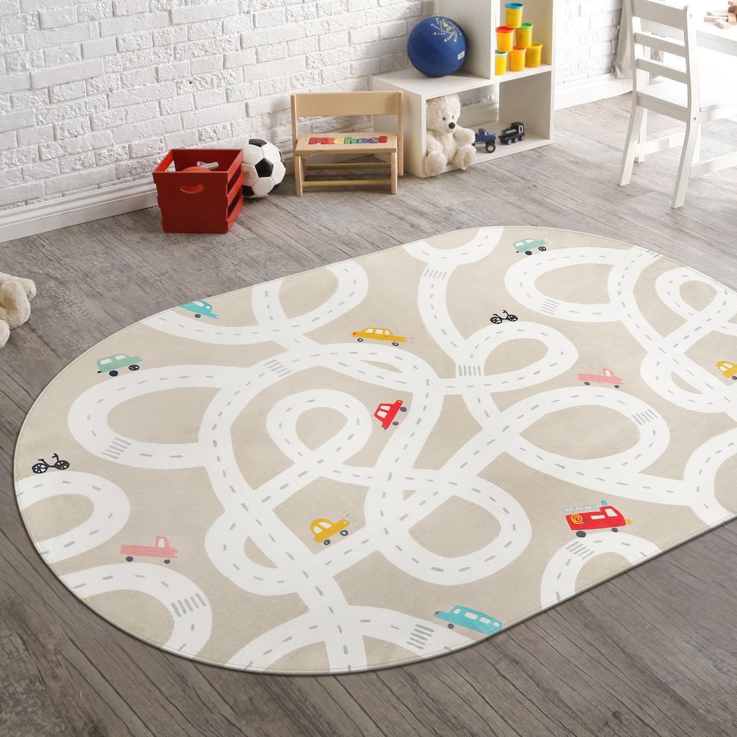 STARUIA Large Kids Rug for Playroom, 4x6 Washable Road Car Rug for Kids Room, Non-Slip Car Carpet for Boys Room, Tan Traffic Classroom Rugs Soft Baby Play Mat for Bedroom Dorm Nursery Tent