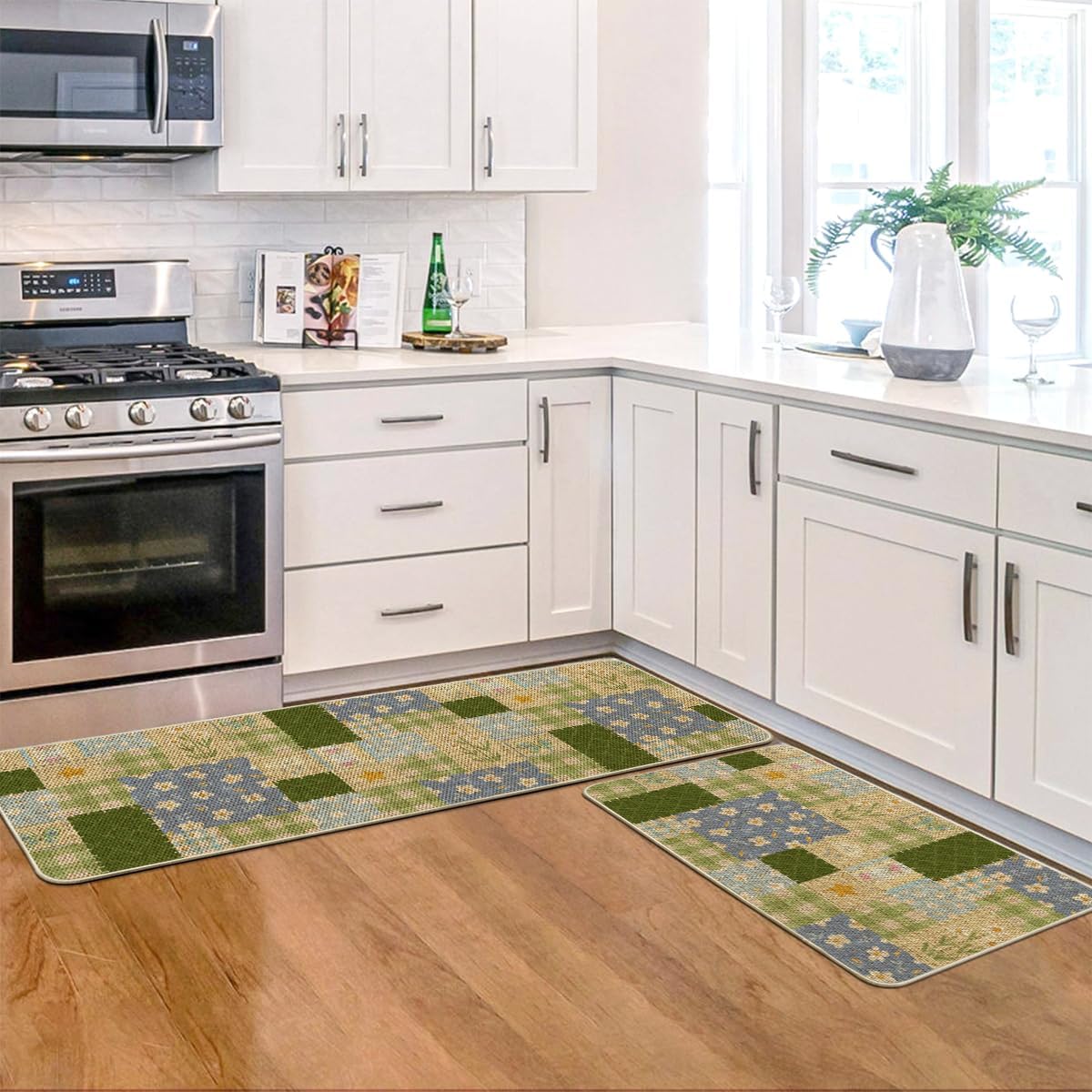 Artoid Mode Check Pattern Flowers Floral Spring Kitchen Mats Set of 2, Home Decor Low-Profile Kitchen Rugs for Floor - 17x29 and 17x47 Inch