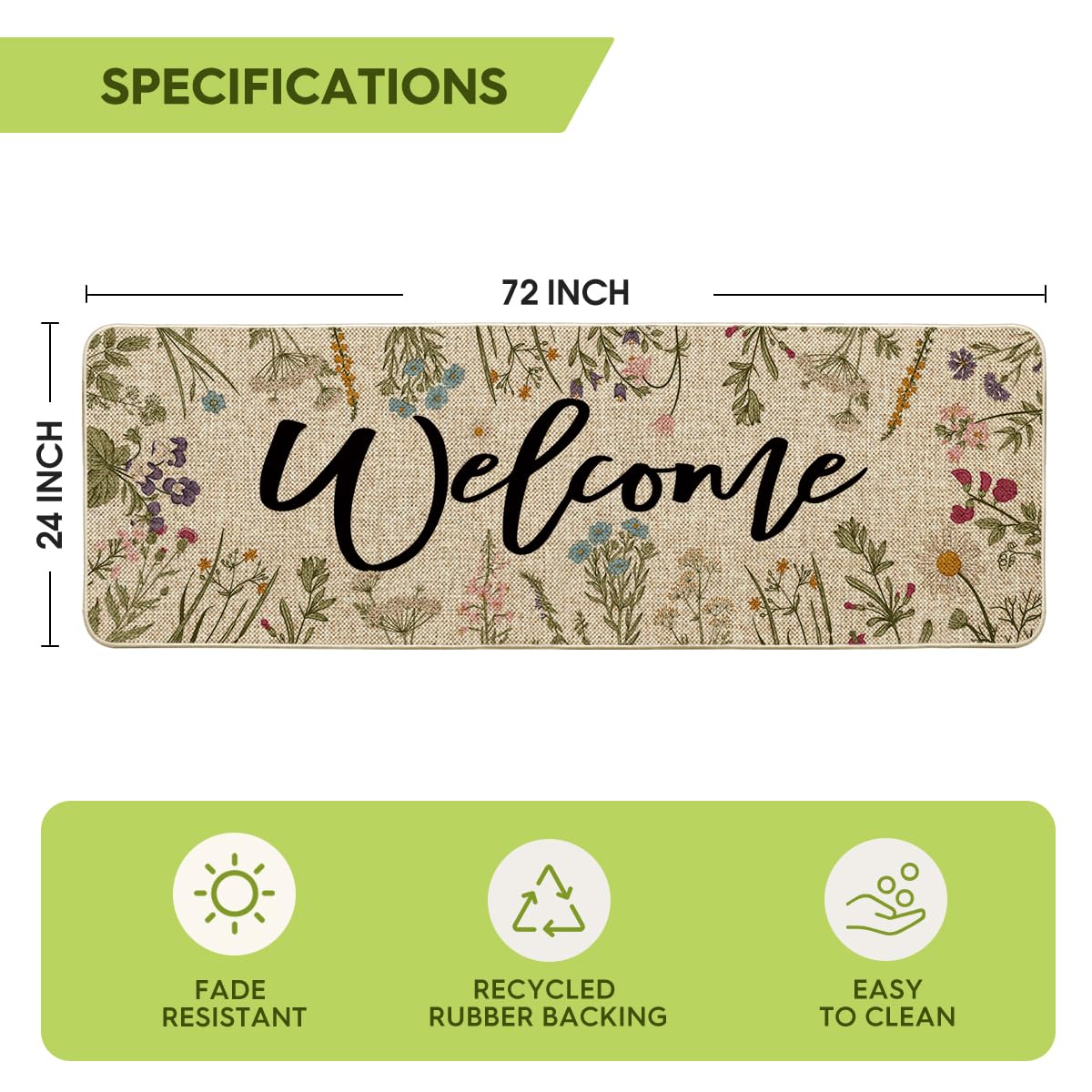 Artoid Mode Wild Flowers Welcome Spring Runner Rug, Summer Home Decor Low-Profile Switch Rug Door Mat Floor Mat for Indoor Outdoor 24x72 Inch