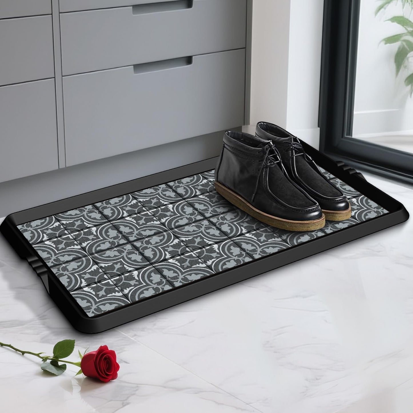 BEHERO Boot Tray Shoe Mat Decorative Patterned, Rubber Boot Matt Tray Indoor and Outdoor Use, 16" x27.5" Shoe Cleaning Mat Non-Slip, Shoe Storage Waterproof with Artistic Prints for Entryway(Gray)
