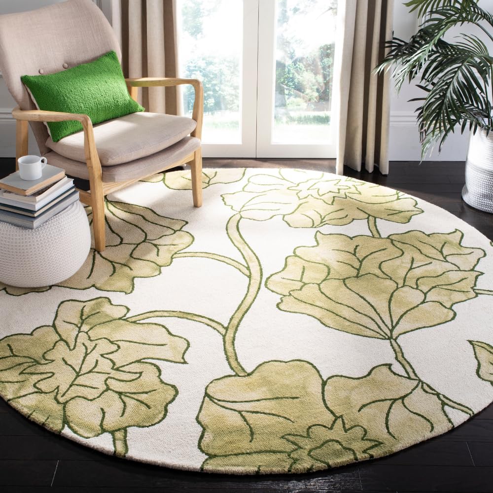 SAFAVIEH Dip Dye Collection Area Rug - 7' Round, Ivory & Light Green, Handmade Floral Watercolor Wool, Ideal for High Traffic Areas in Living Room, Bedroom (DDY683B)
