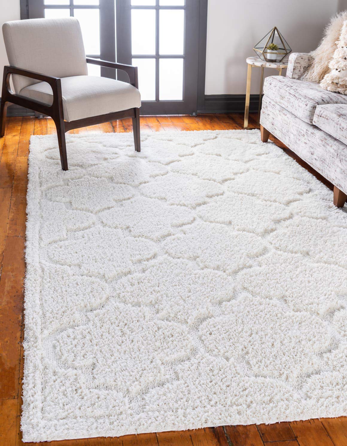 Unique Loom Trellis Shag Collection Plush Geometric Modern Moroccan Lattice Ivory Area Rug (5' 0 x 8' 0)