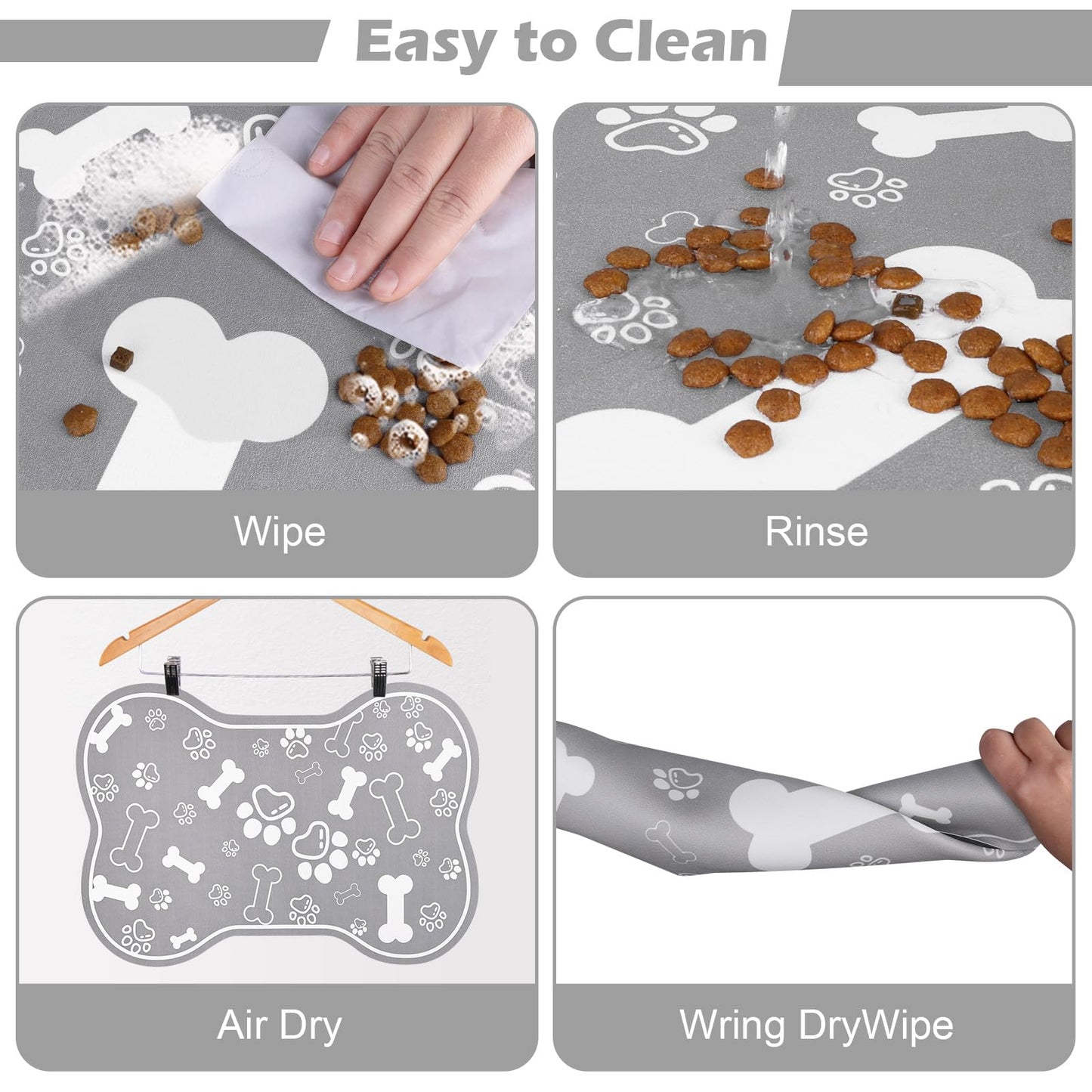Dog Cat Food Mat,Rapid Absorbent Pet Feeding Mat, Bone Shaped Dog Placemat Water Bowl Mat with Rubber Backing,No Stains Dog Cat Food Mats Indoor, Pet Accessories Supplies 12"x18" Grey