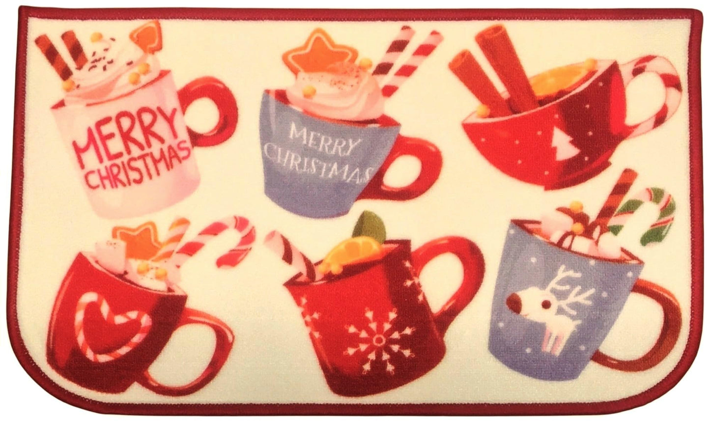 Better Home Holiday Floor Mat 17" x 28" Non-Skid Kitchen and Entrance Rug Christmas Design, Mugs ~ Red