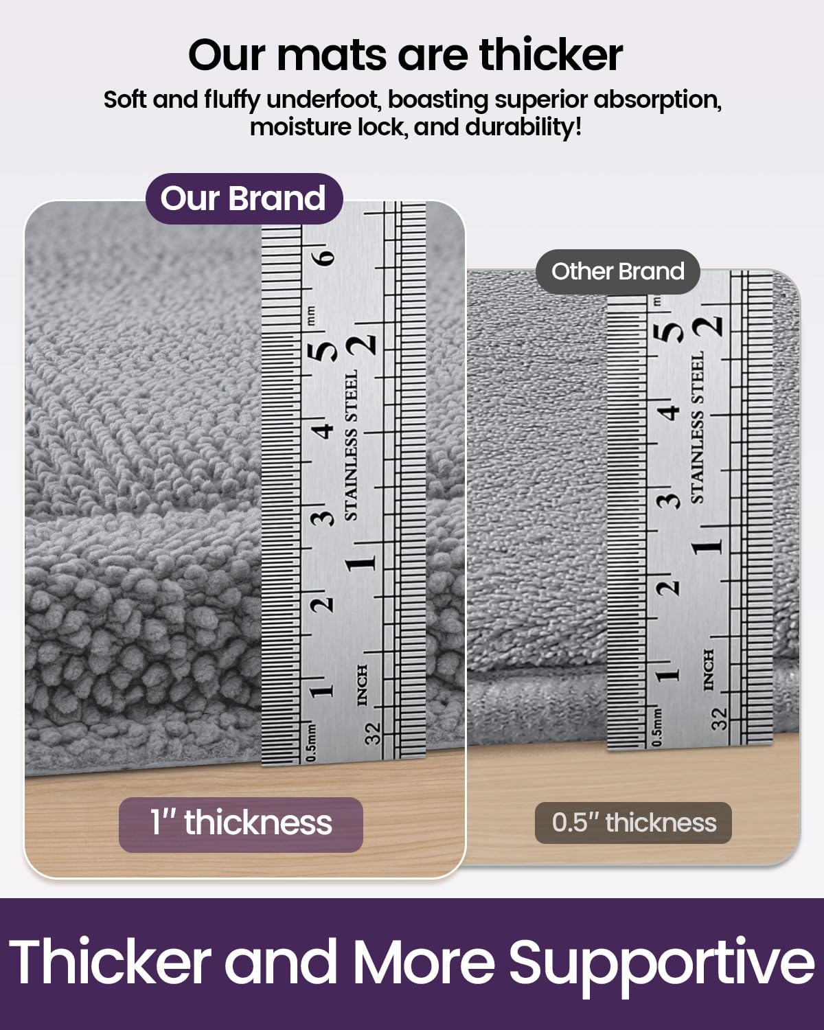 DEXI Memory Foam Bath Mat 24x17, Soft Absorbent Chenille Bathroom Rug, Non Slip Quick Dry Bath Mats for Bathroom, Thick Plush Floor Carpet for Tub Shower, Sink, Light Grey